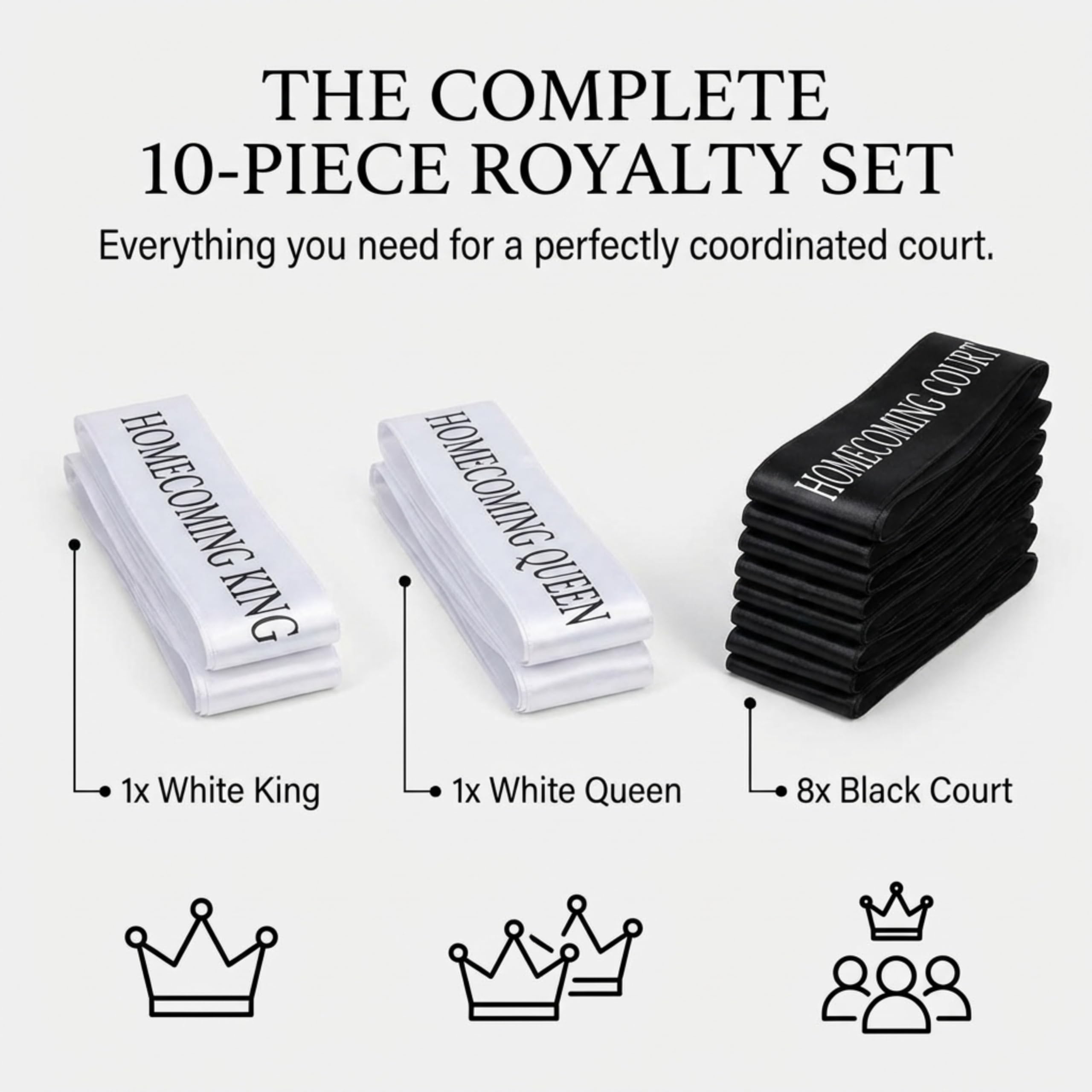 Anderson's 10 Piece Court Sash Set, 1 White King Sash, 1 White Queen Sash, 8 Black Court Sashes, 72 in Long, Homecoming Sashes for High School Dance King, Queen, Homecoming Court - Image 6