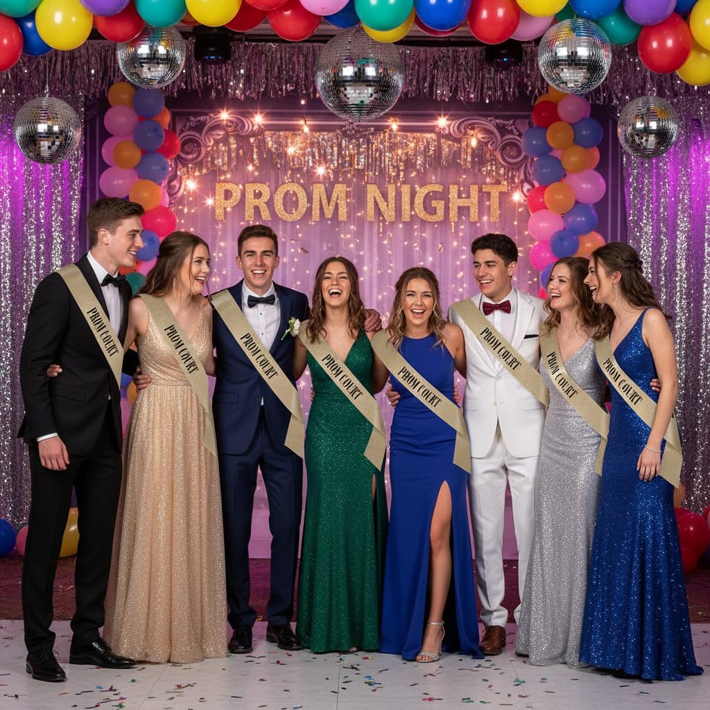 Anderson's 10-Piece Prom King, Queen & Court Glitter Sashes Set with Black Lettering, 3.75" x 62" Silver & Gold Glitter Royalty Sashes for High School Prom Coronation & Formal Events, 10 Piece Set - Image 5