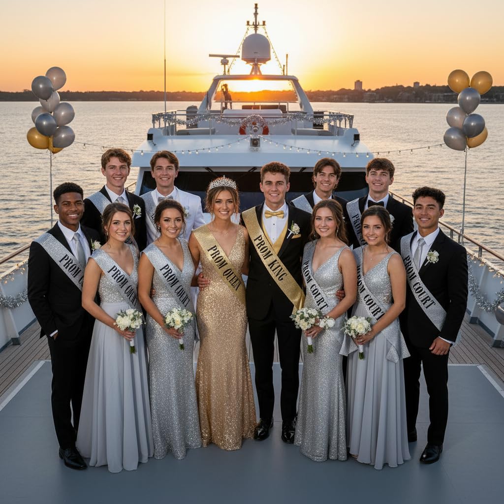 Anderson's 10-Piece Prom King, Queen & Court Glitter Sashes Set with Black Lettering, 3.75" x 62" Gold & Silver Glitter Royalty Sashes for High School Prom Coronation & Formal Events, 10 Piece Set - Image 2