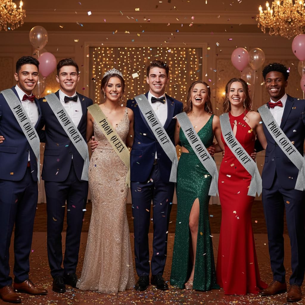 Anderson's 10-Piece Prom King, Queen & Court Glitter Sashes Set with Black Lettering, 3.75" x 62" Gold & Silver Glitter Royalty Sashes for High School Prom Coronation & Formal Events, 10 Piece Set - Image 4