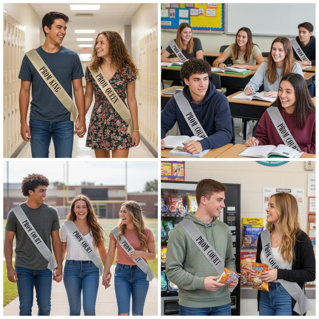 Anderson's 10-Piece Prom King, Queen & Court Glitter Sashes Set with Black Lettering, 3.75" x 62" Gold & Silver Glitter Royalty Sashes for High School Prom Coronation & Formal Events, 10 Piece Set - Image 7