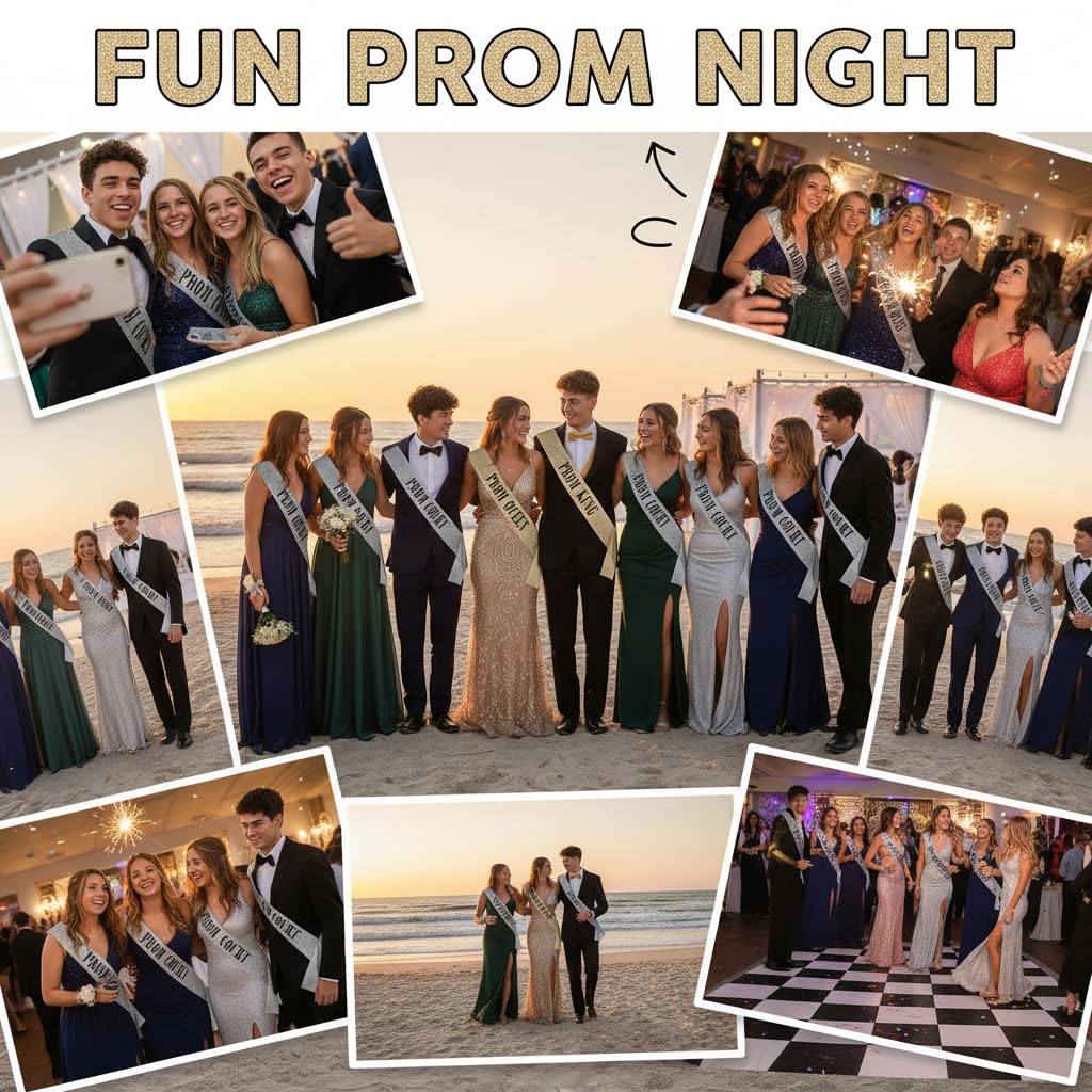 Anderson's 10-Piece Prom King, Queen & Court Glitter Sashes Set with Black Lettering, 3.75" x 62" Gold & Silver Glitter Royalty Sashes for High School Prom Coronation & Formal Events, 10 Piece Set - Image 8