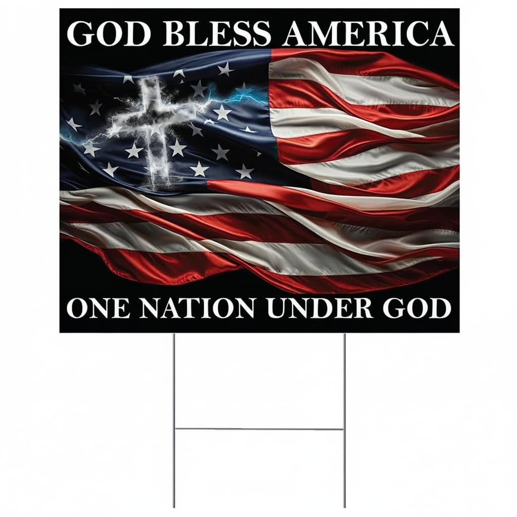 Anderson’s 17x12.5" God Bless America Yard Sign, Double‑Sided Inspriational, Religous, Christian Patriotic Outdoor Display with 15" H‑Stake for Homes, Churches and Community Spaces
