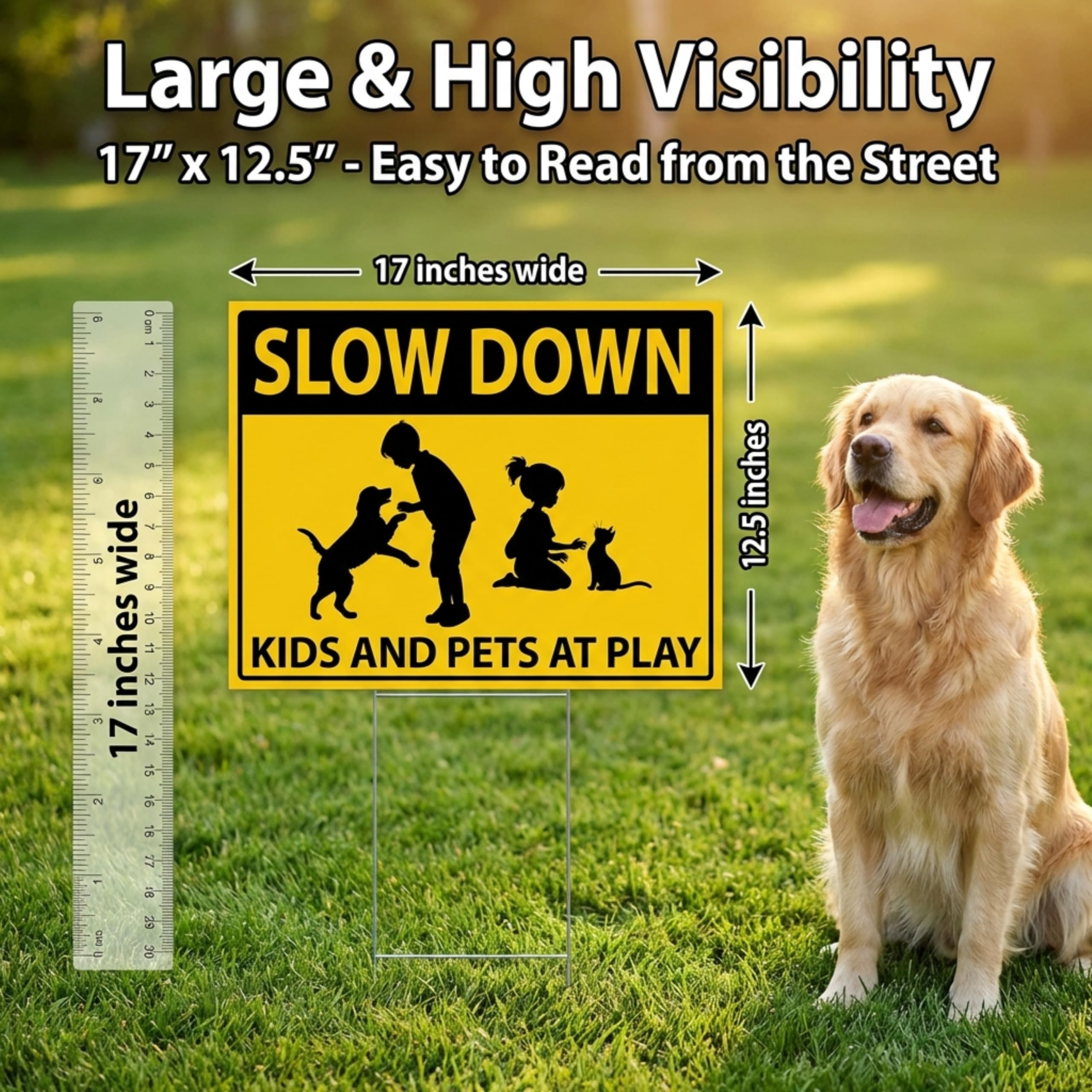 Anderson’s 17x12.5" Slow Down Kids and Pets at Play Yard Sign, Double‑Sided High‑Visibility Safety Sign with 15" H‑Stake for Neighborhood Streets, Driveways and Community Areas - Image 2