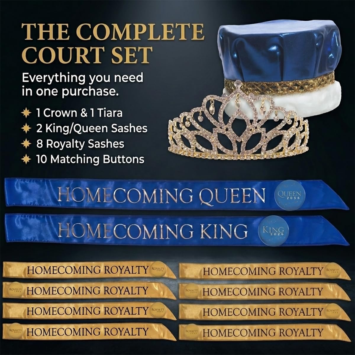 Anderson’s 22-Piece Homecoming Royalty Set, Blue/Gold King & Queen Sashes, Gold Royalty Sashes, Crown & Rhinestone Tiara and Buttons for Homecoming Coronation and School Events, 22‑Piece Set - Image 3