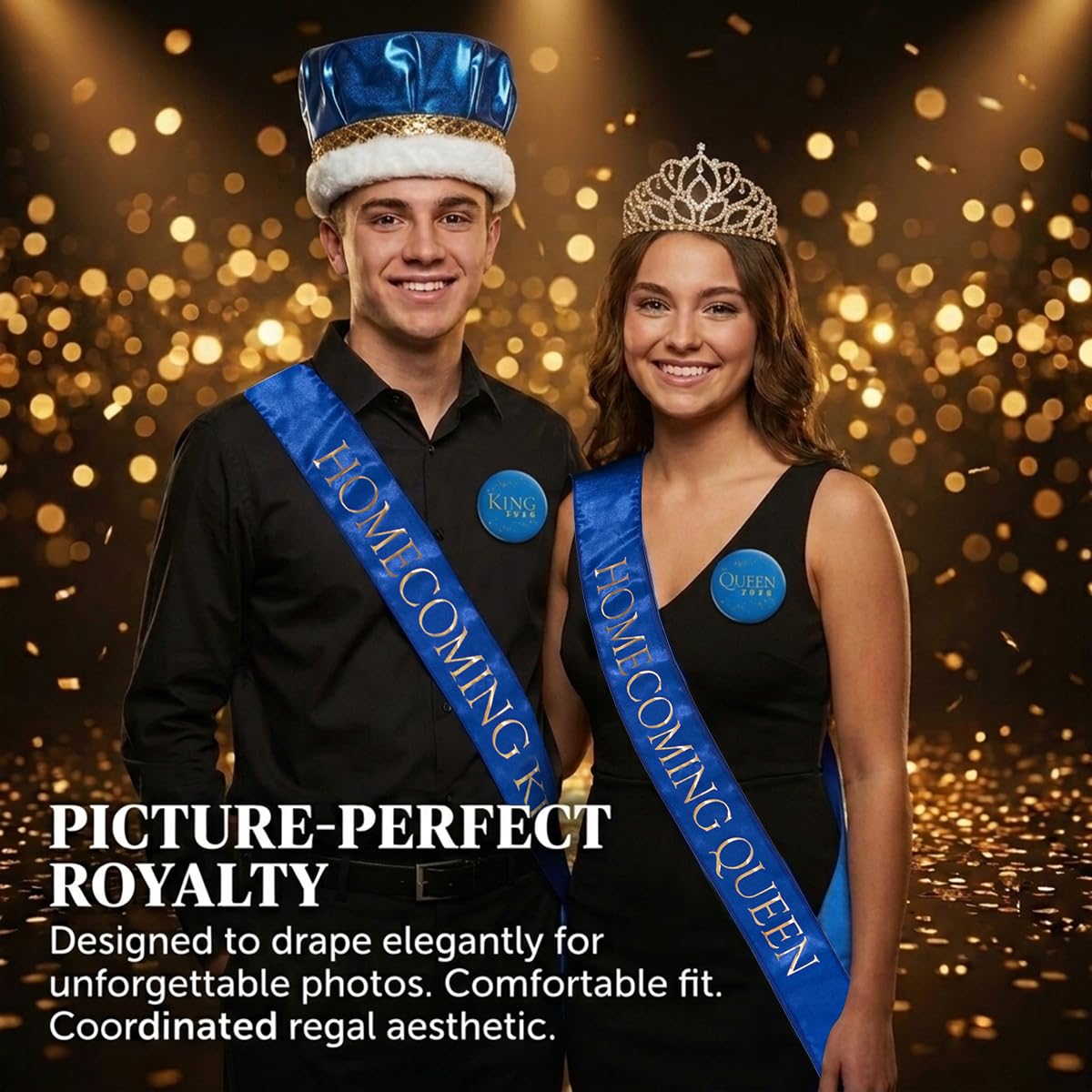 Anderson’s 22-Piece Homecoming Royalty Set, Blue/Gold King & Queen Sashes, Gold Royalty Sashes, Crown & Rhinestone Tiara and Buttons for Homecoming Coronation and School Events, 22‑Piece Set - Image 7