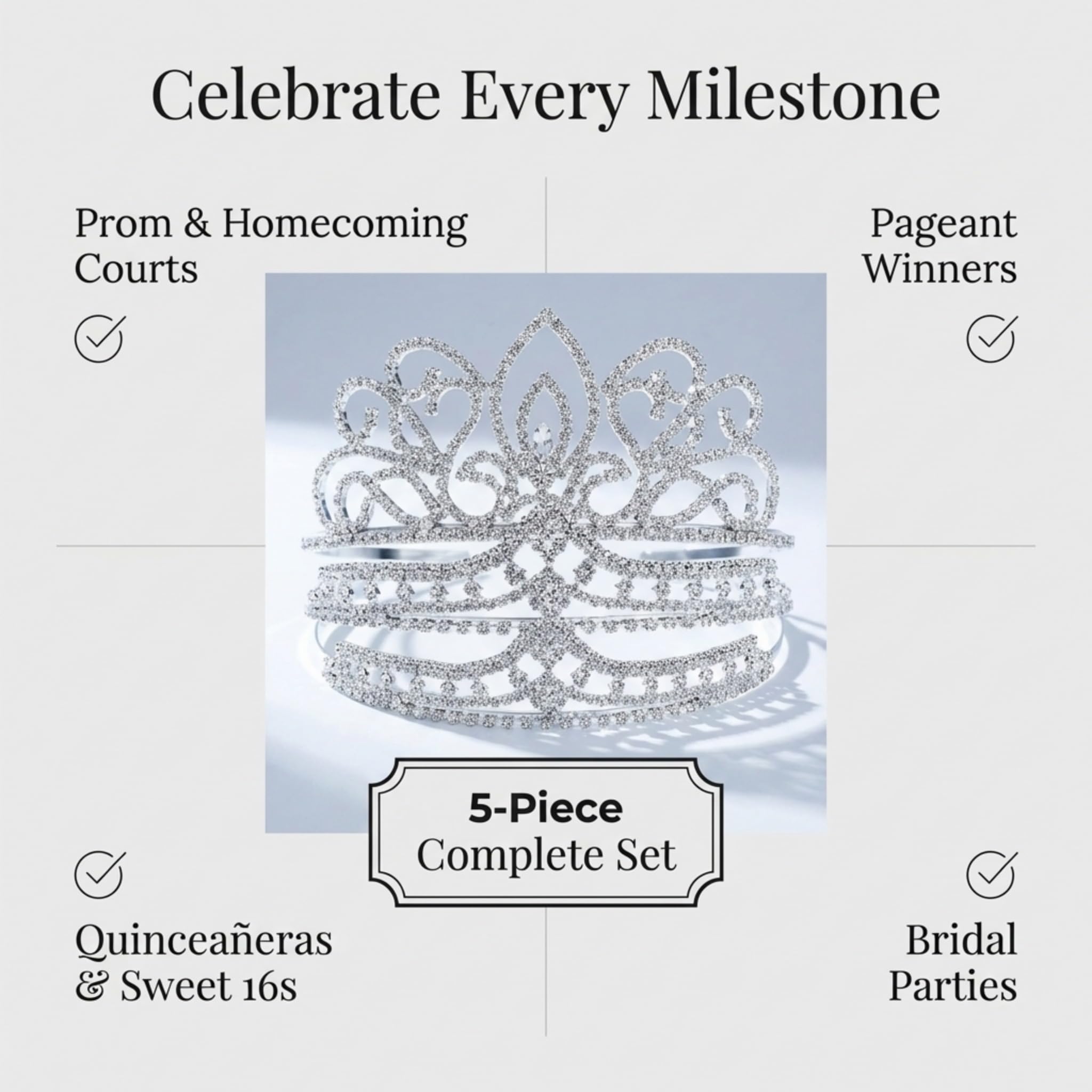 Anderson's Adela Queen & Cleo Princess Tiara Set, 5-Piece Silver Metal Crown Collection with Sparkling Clear Rhinestones, Adjustable Fit & Comfort Combs, Perfect for Prom, Homecoming, Weddings, Pageants, Quinceañeras, and Coronation Events - Image 4