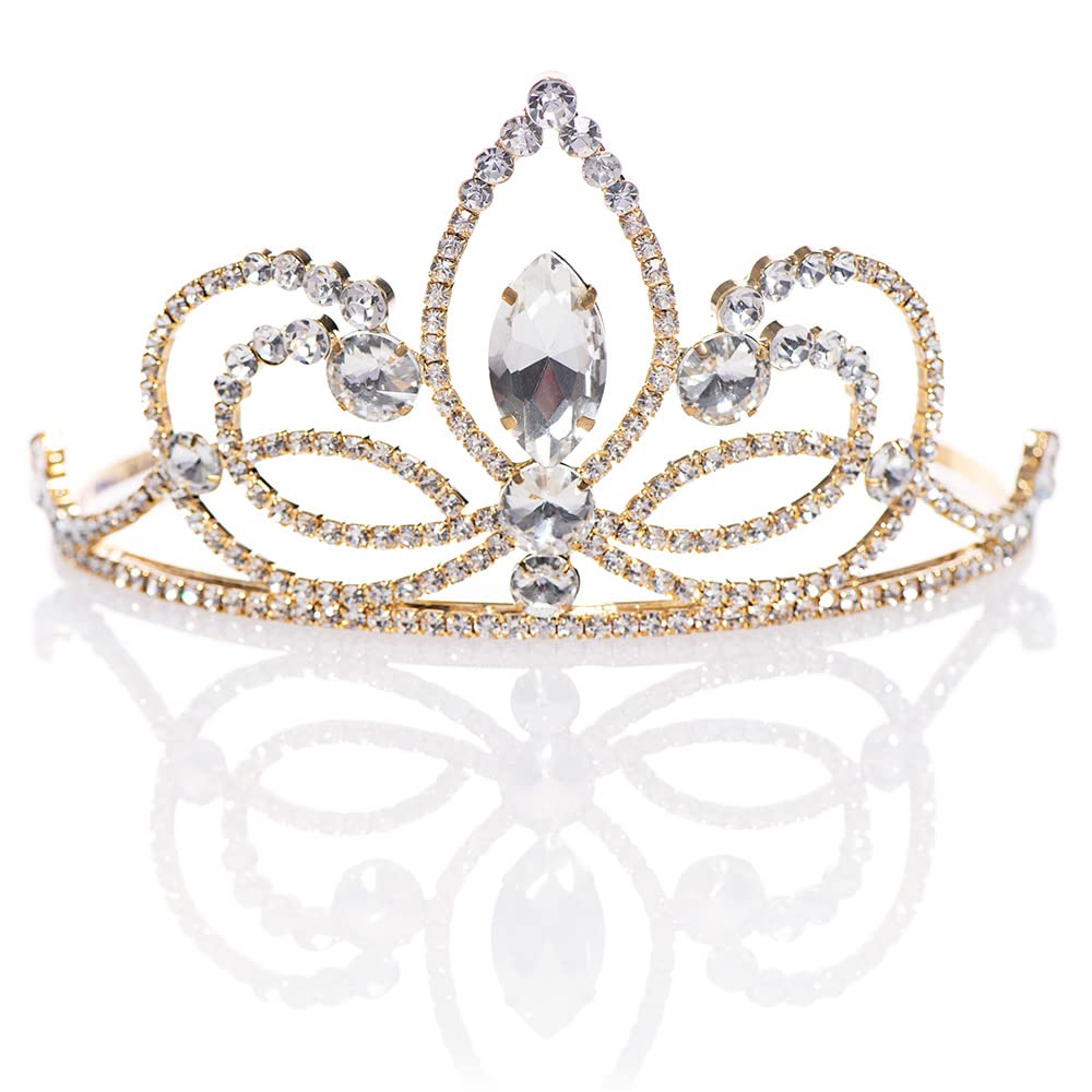 Anderson’s Ariana Rhinestone Tiara, 3 ¼ Inch Gold Metal Crown with Clear Faux Diamonds for Prom, Homecoming Queen, Wedding Bridal Party, Sweet 16, Quinceañera, Birthday, Pageant, Theater Costume Accessory