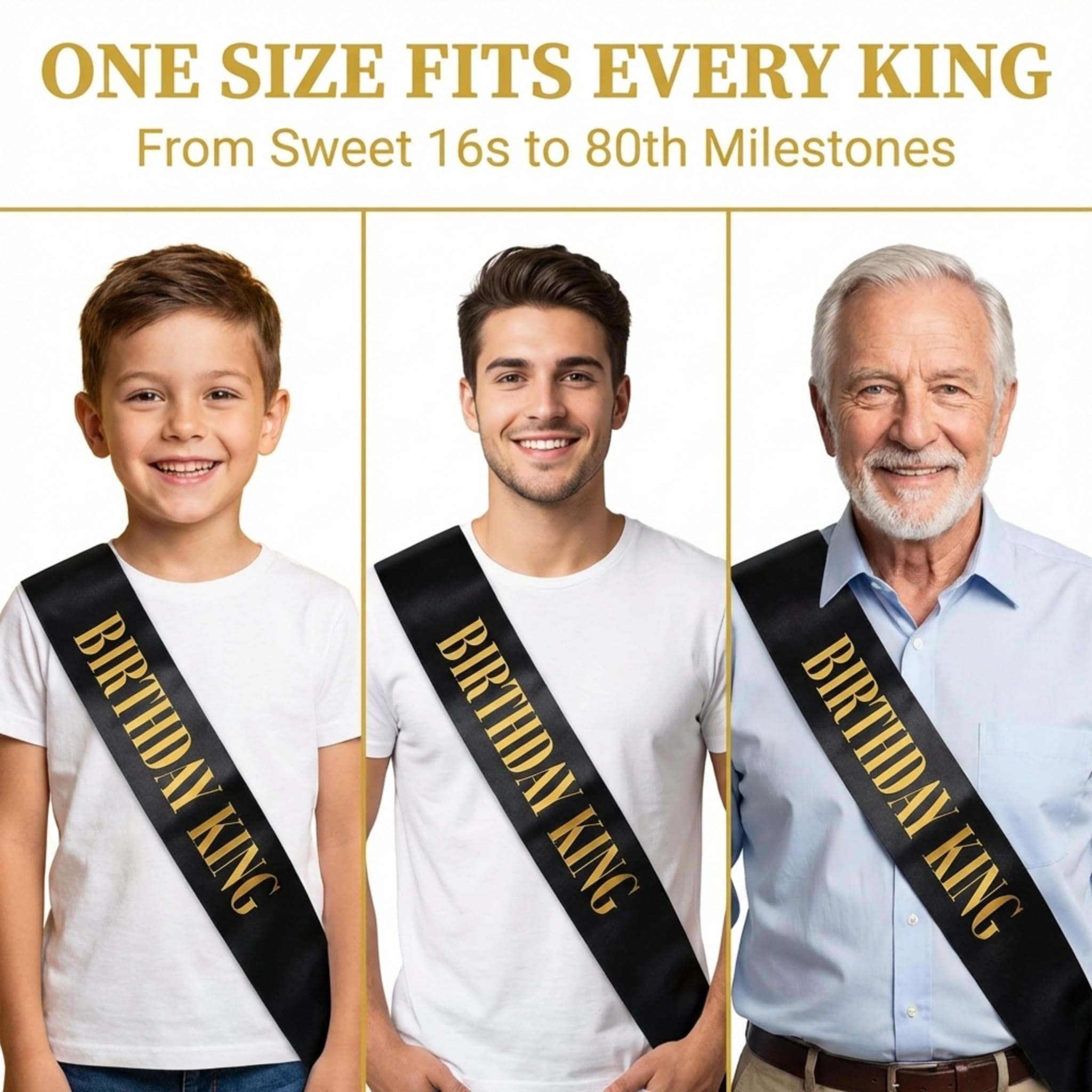 Anderson’s Birthday King Sash, Black Satin with Metallic Gold Foil Lettering, 3" x 72", Regal Birthday Accessory for Men, Milestone Party Supplies, Keepsake for 18th 21st 30th 40th 50th Celebrations - Image 4