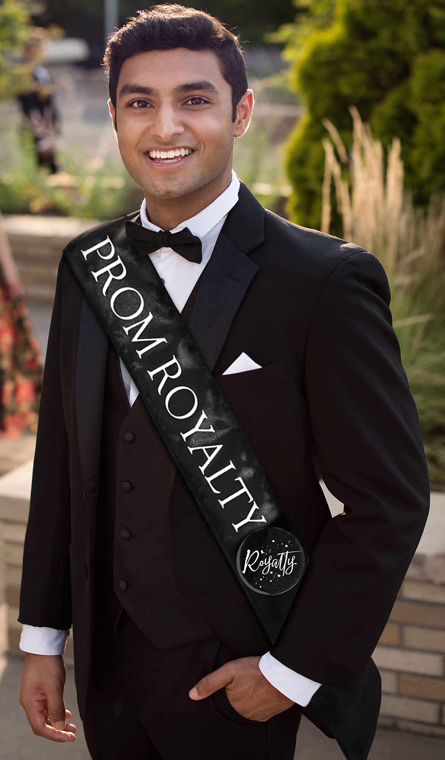 Anderson's Black Prom Royalty Satin Sash & Button Set, 3" x 72" Satin Royalty Sashes with White Imprint and Matching Royalty Buttons for Prom Coronation & School Celebrations, 4‑Piece Sash Set - Image 4