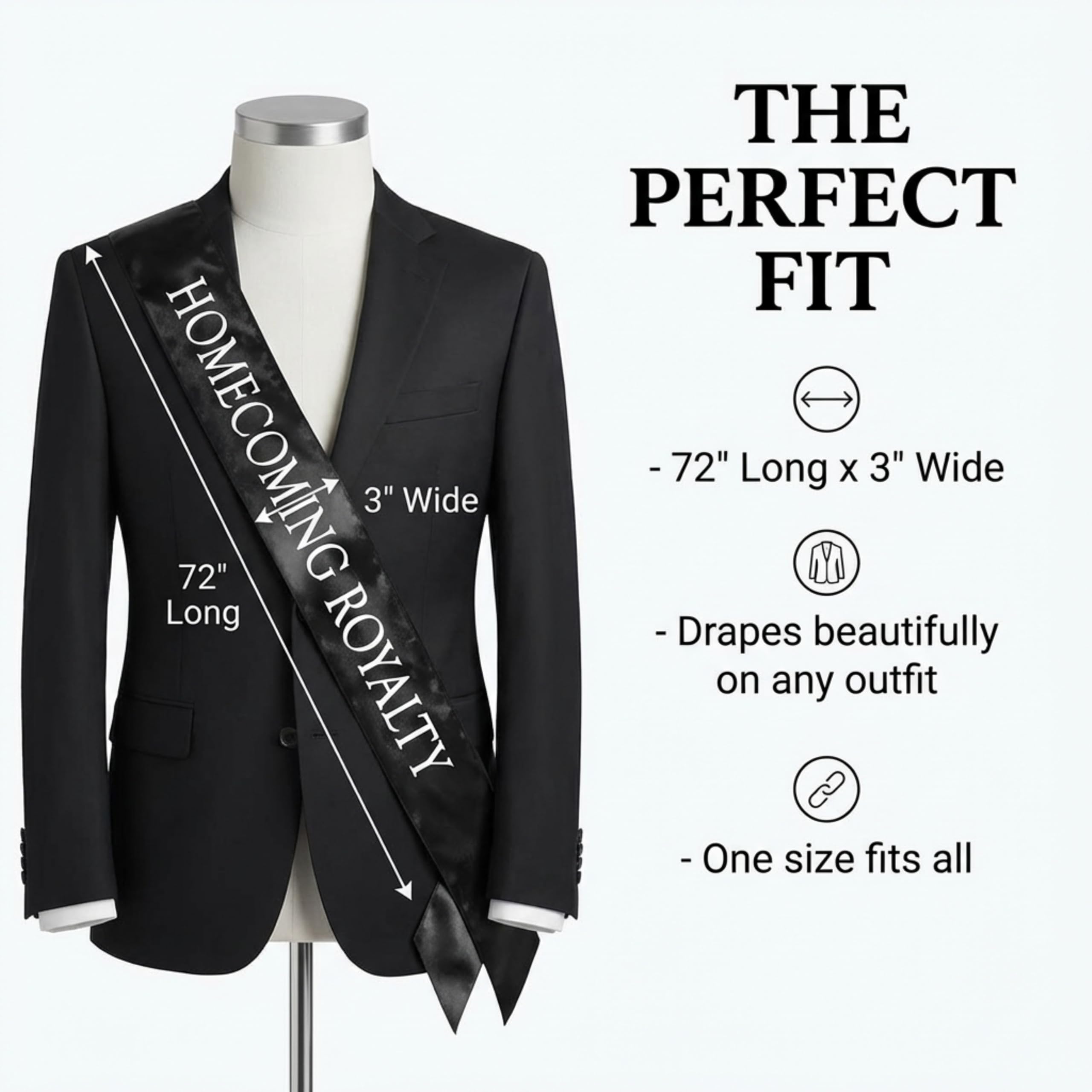 Anderson's Black Satin Homecoming Royalty Sash Set, Elegant 3" x 72" Sashes with White Imprint for Homecoming Night Coronation and School Events, 2‑Piece Set - Image 5