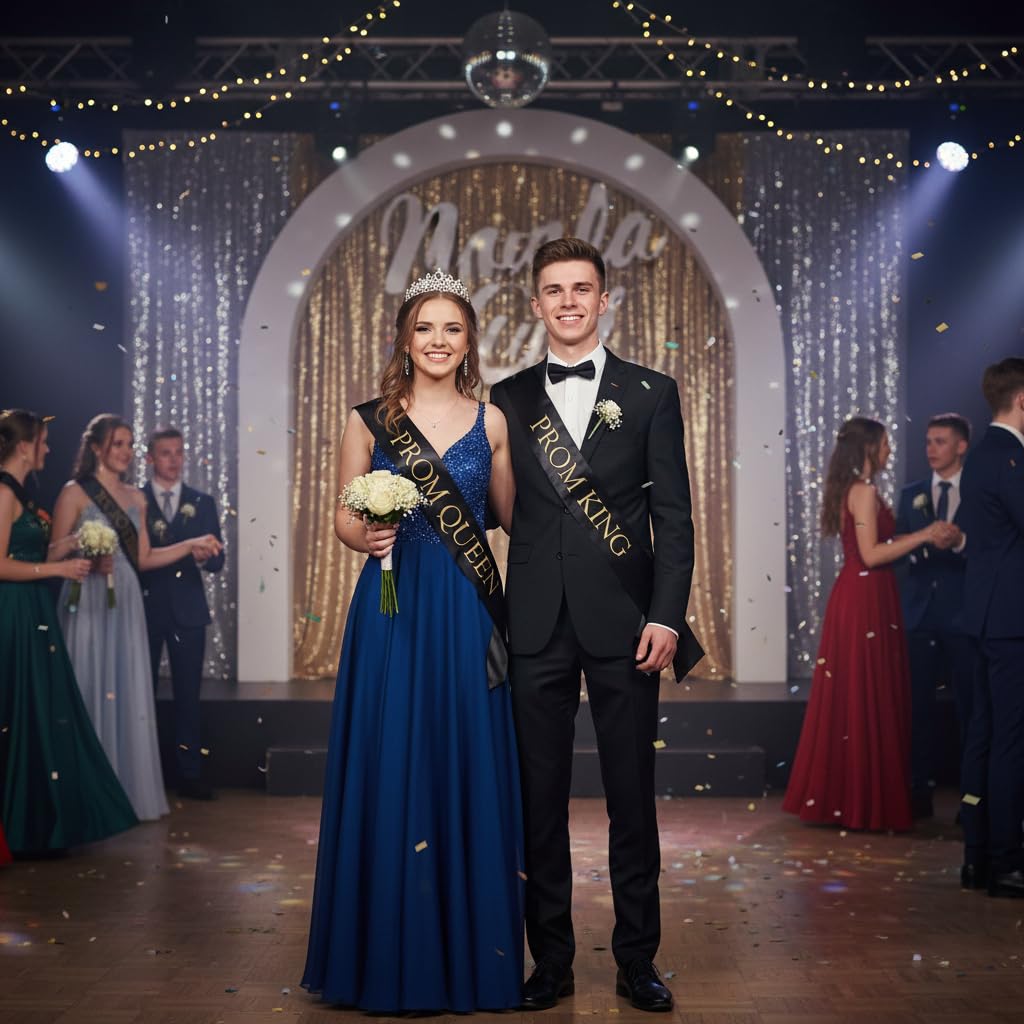 Anderson’s Black Satin Prom King and Queen Sashes, 3" x 72" Gold‑Imprinted Royalty Sashes for Prom Night Coronation and School Events, 2‑Piece Set - Image 3