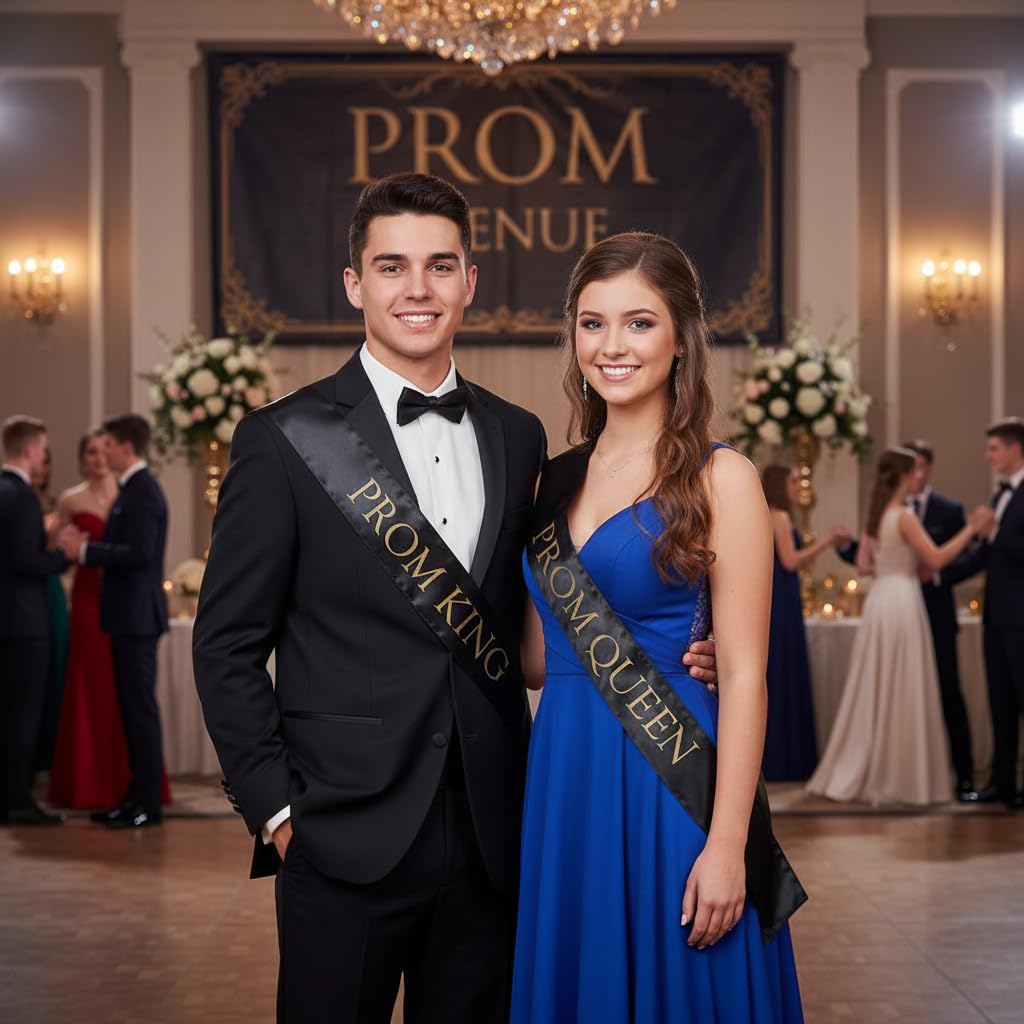 Anderson’s Black Satin Prom King and Queen Sashes, 3" x 72" Gold‑Imprinted Royalty Sashes for Prom Night Coronation and School Events, 2‑Piece Set - Image 6