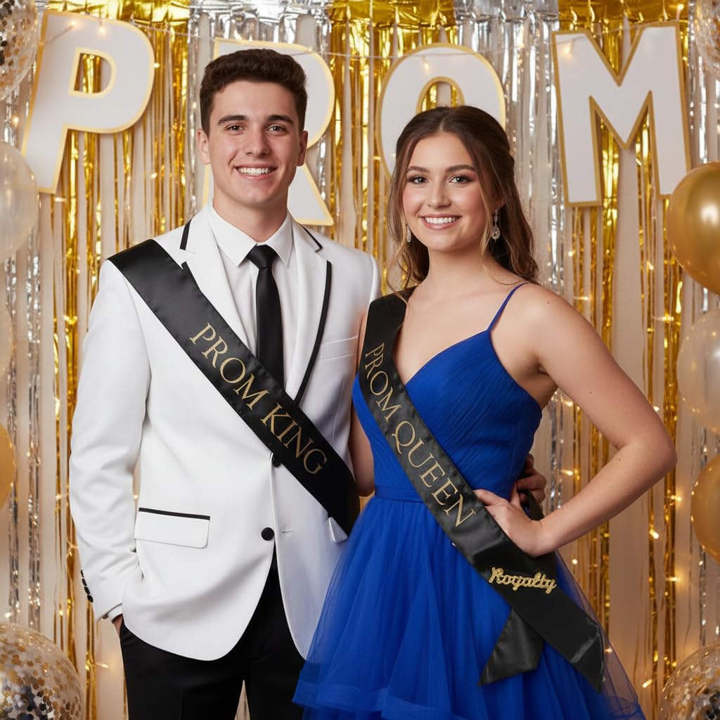 Anderson’s Black Satin Prom King & Queen Sashes with Gold Lettering & Gold Glitter Royalty Pins, 3" x 72" Sashes and 2" Pins for Prom Coronation & School Celebrations, 4 Piece Set - Image 4