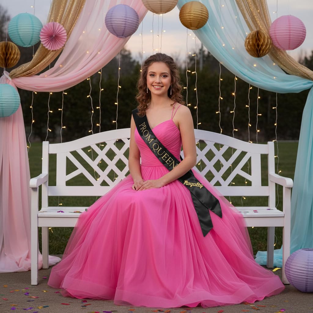 Anderson’s Black Satin Prom King & Queen Sashes with Gold Lettering & Gold Glitter Royalty Pins, 3" x 72" Sashes and 2" Pins for Prom Coronation & School Celebrations, 4 Piece Set - Image 5