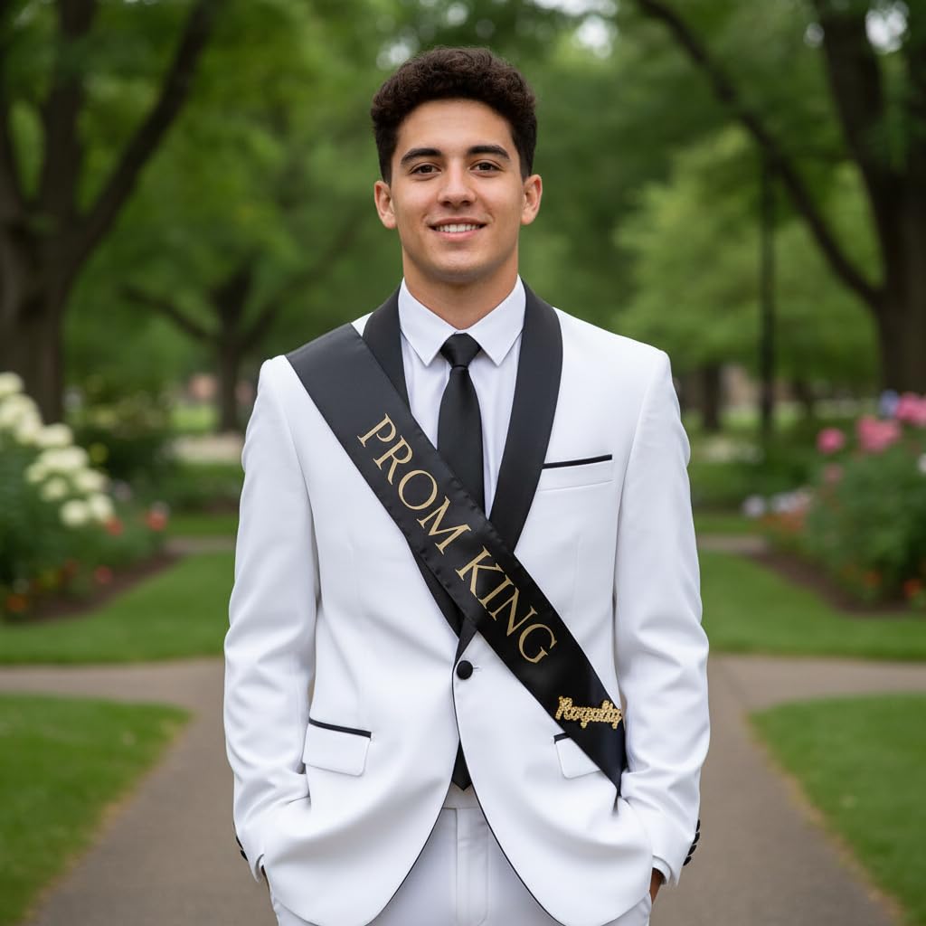 Anderson’s Black Satin Prom King & Queen Sashes with Gold Lettering & Gold Glitter Royalty Pins, 3" x 72" Sashes and 2" Pins for Prom Coronation & School Celebrations, 4 Piece Set - Image 6