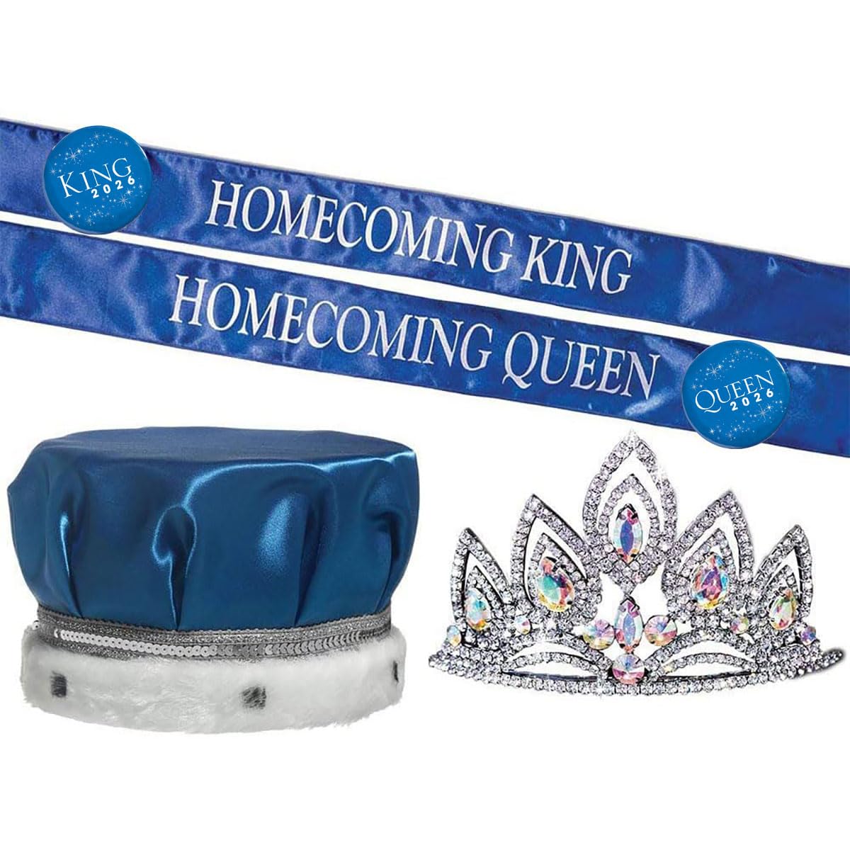 Anderson’s Blue Majesty Homecoming 2026 Royalty Set, Crown Tiara Sashes and Buttons for King and Queen Recognition at Homecoming Coronations, School Dances, and Formal Events, 6-Piece Set