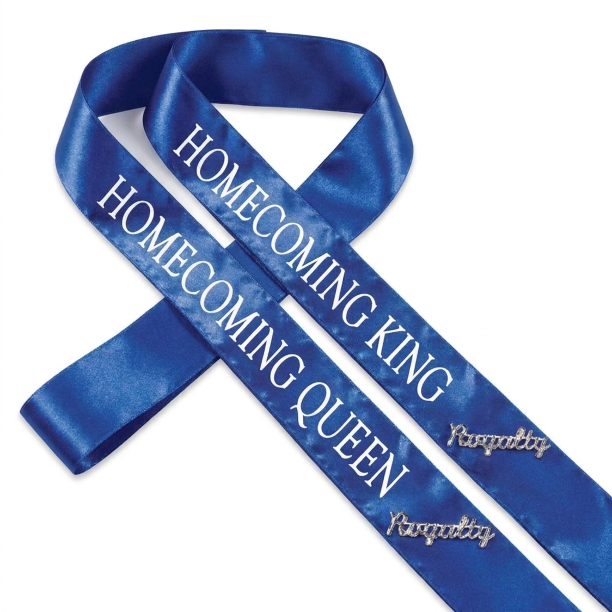 Anderson's Blue Satin Homecoming King & Queen Sashes with White Lettering & Silver Glitter Royalty Pins, 3" x 72" Sashes and 2" Pins for Prom Coronation & School Celebrations, 4 Piece Set