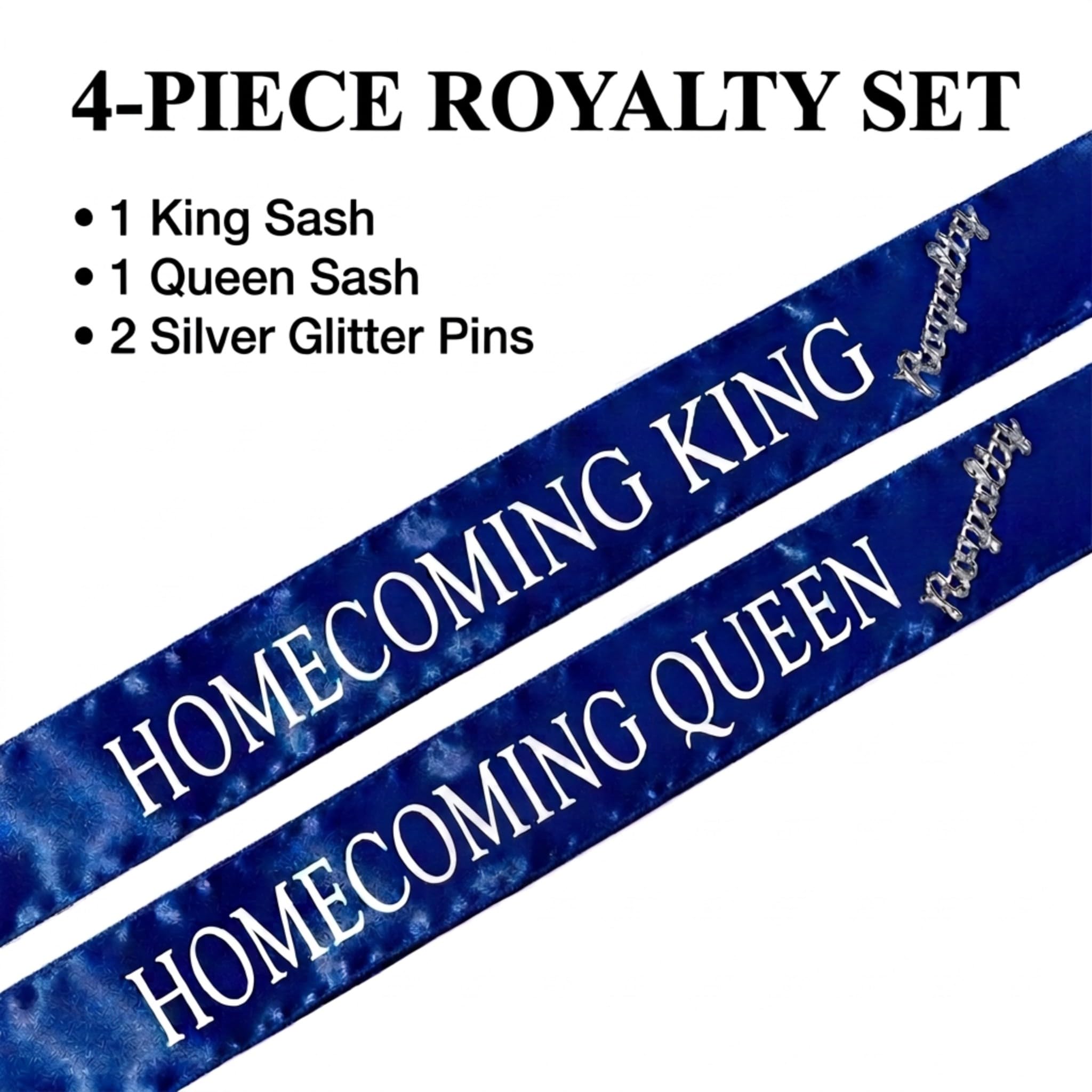 Anderson's Blue Satin Homecoming King & Queen Sashes with White Lettering & Silver Glitter Royalty Pins, 3" x 72" Sashes and 2" Pins for Prom Coronation & School Celebrations, 4 Piece Set - Image 2