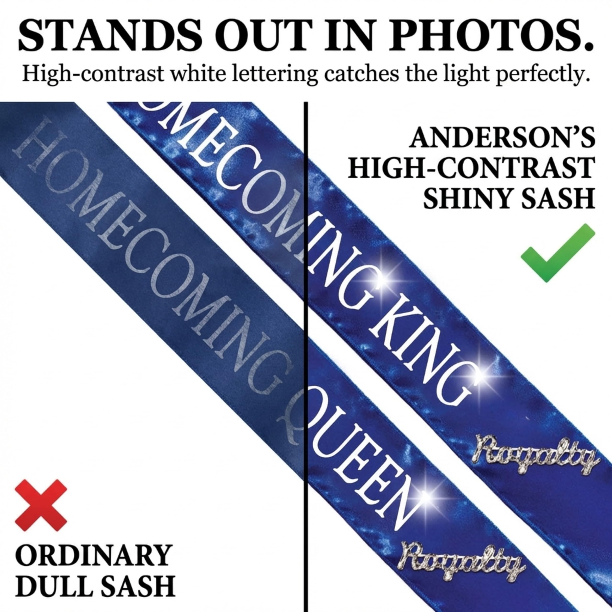Anderson's Blue Satin Homecoming King & Queen Sashes with White Lettering & Silver Glitter Royalty Pins, 3" x 72" Sashes and 2" Pins for Prom Coronation & School Celebrations, 4 Piece Set - Image 5