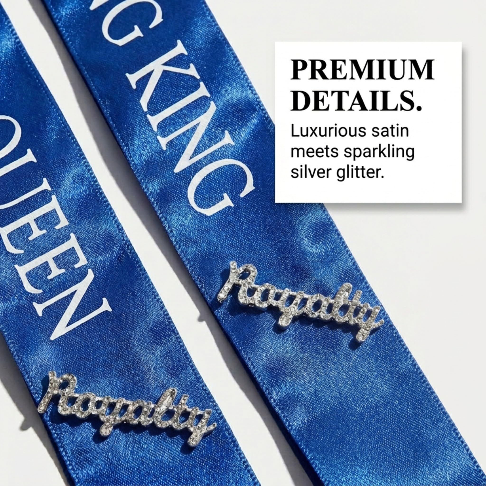 Anderson's Blue Satin Homecoming King & Queen Sashes with White Lettering & Silver Glitter Royalty Pins, 3" x 72" Sashes and 2" Pins for Prom Coronation & School Celebrations, 4 Piece Set - Image 6