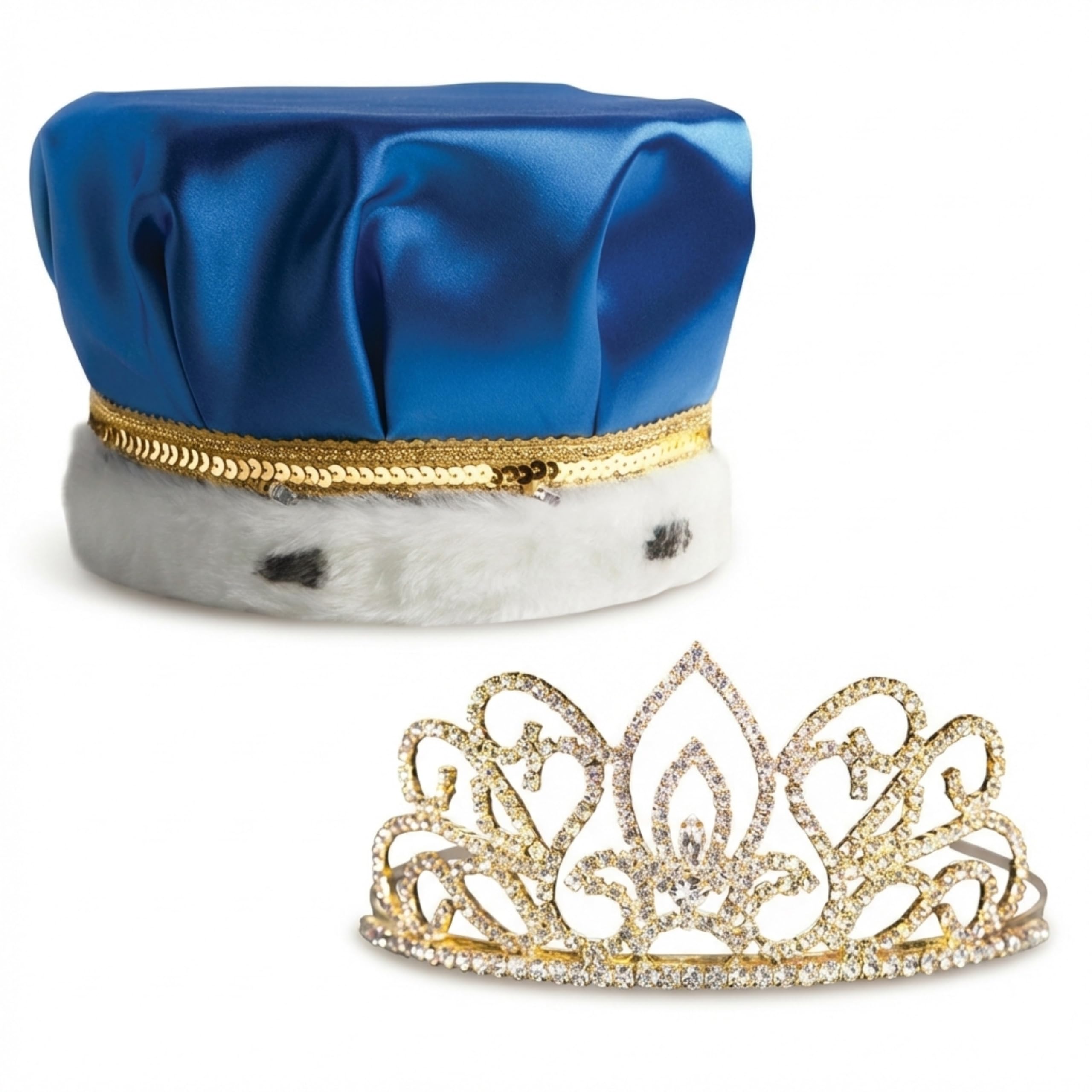 Anderson's Blue Satin King Crown and Gold Queen Tiara Royalty Set
