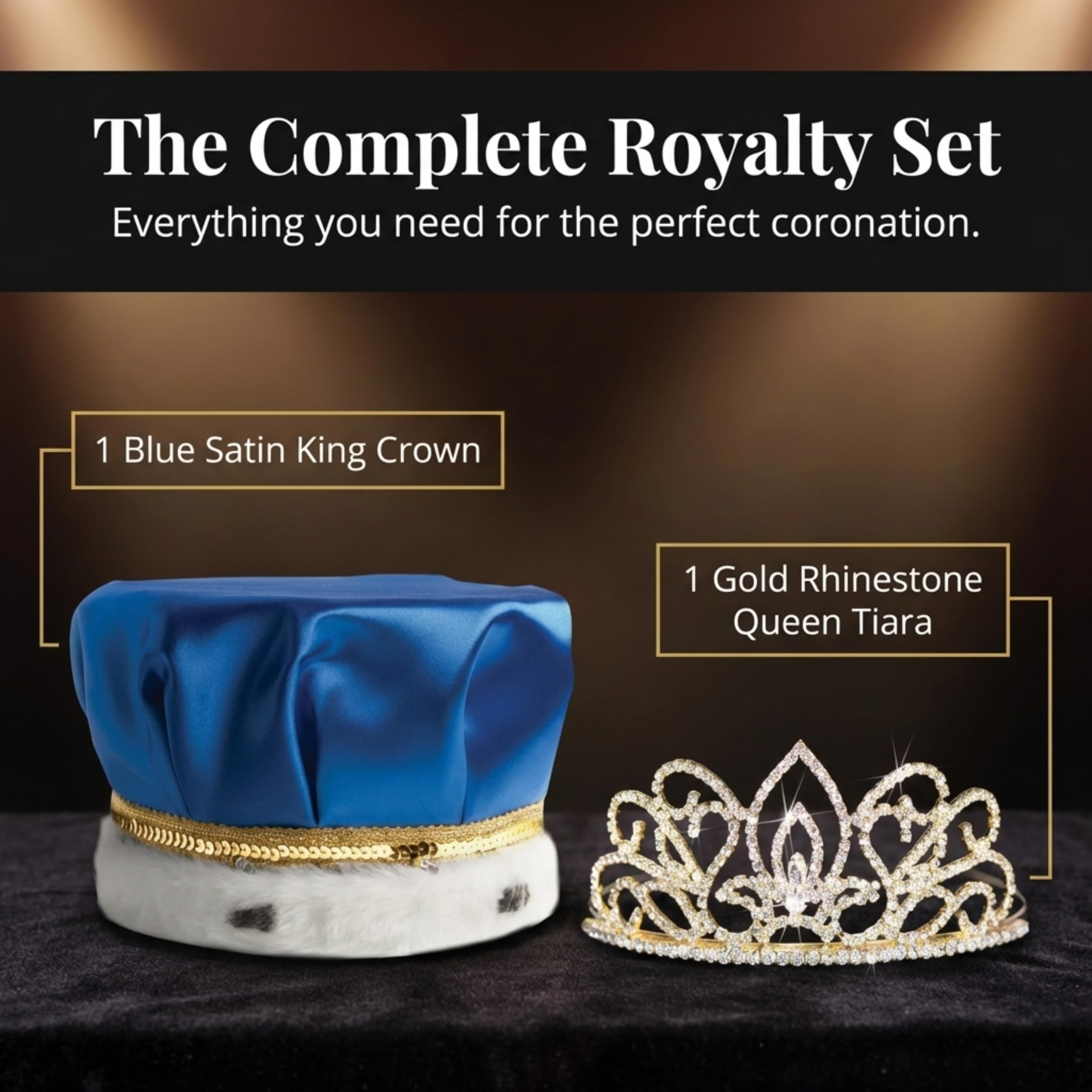 Anderson's Blue Satin King Crown and Gold Queen Tiara Royalty Set - Image 2