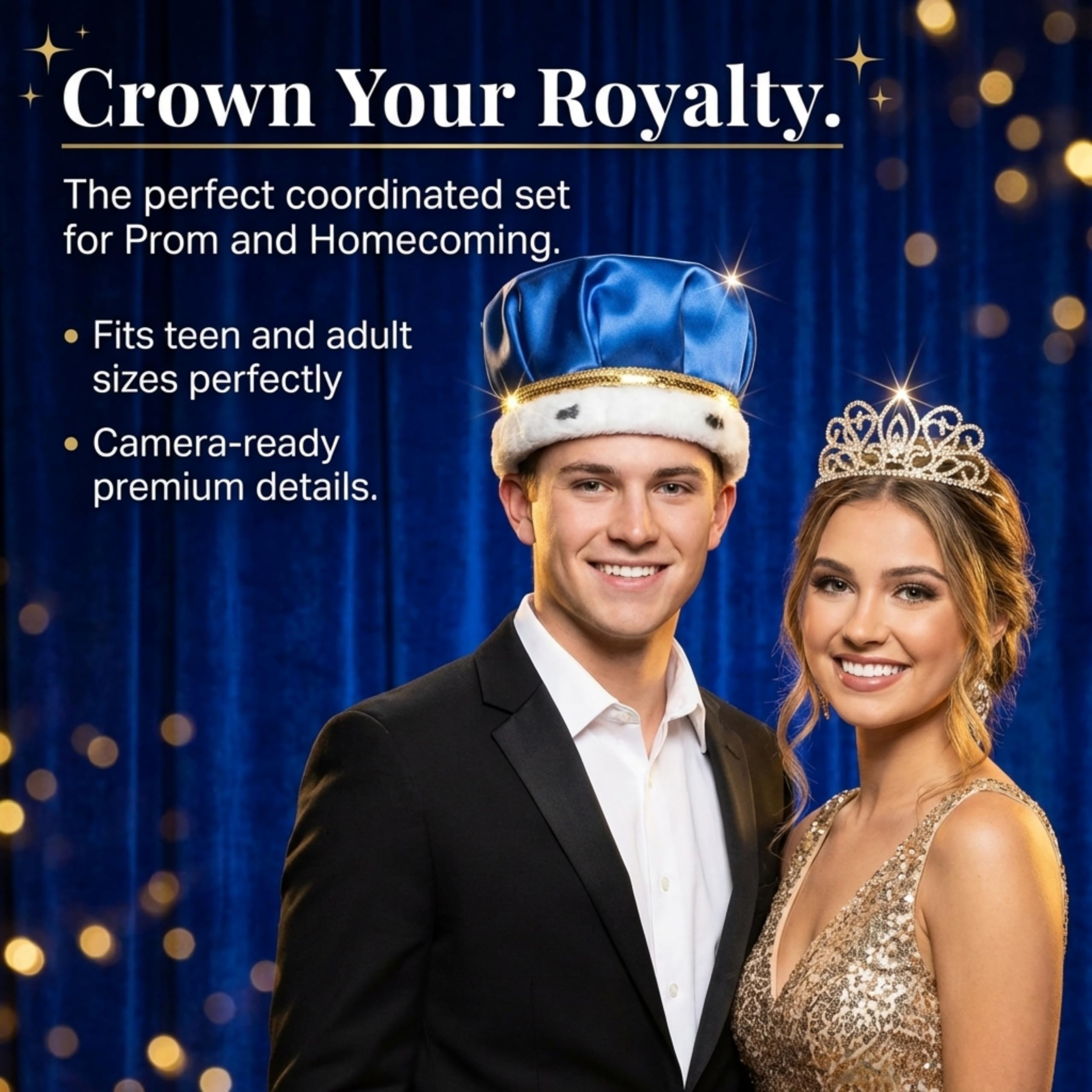 Anderson's Blue Satin King Crown and Gold Queen Tiara Royalty Set - Image 3