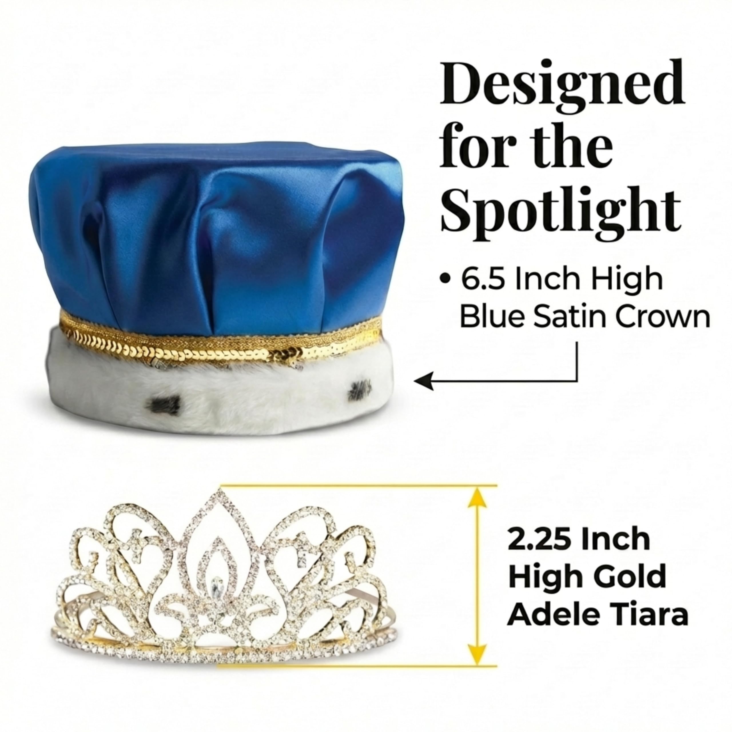 Anderson's Blue Satin King Crown and Gold Queen Tiara Royalty Set - Image 5