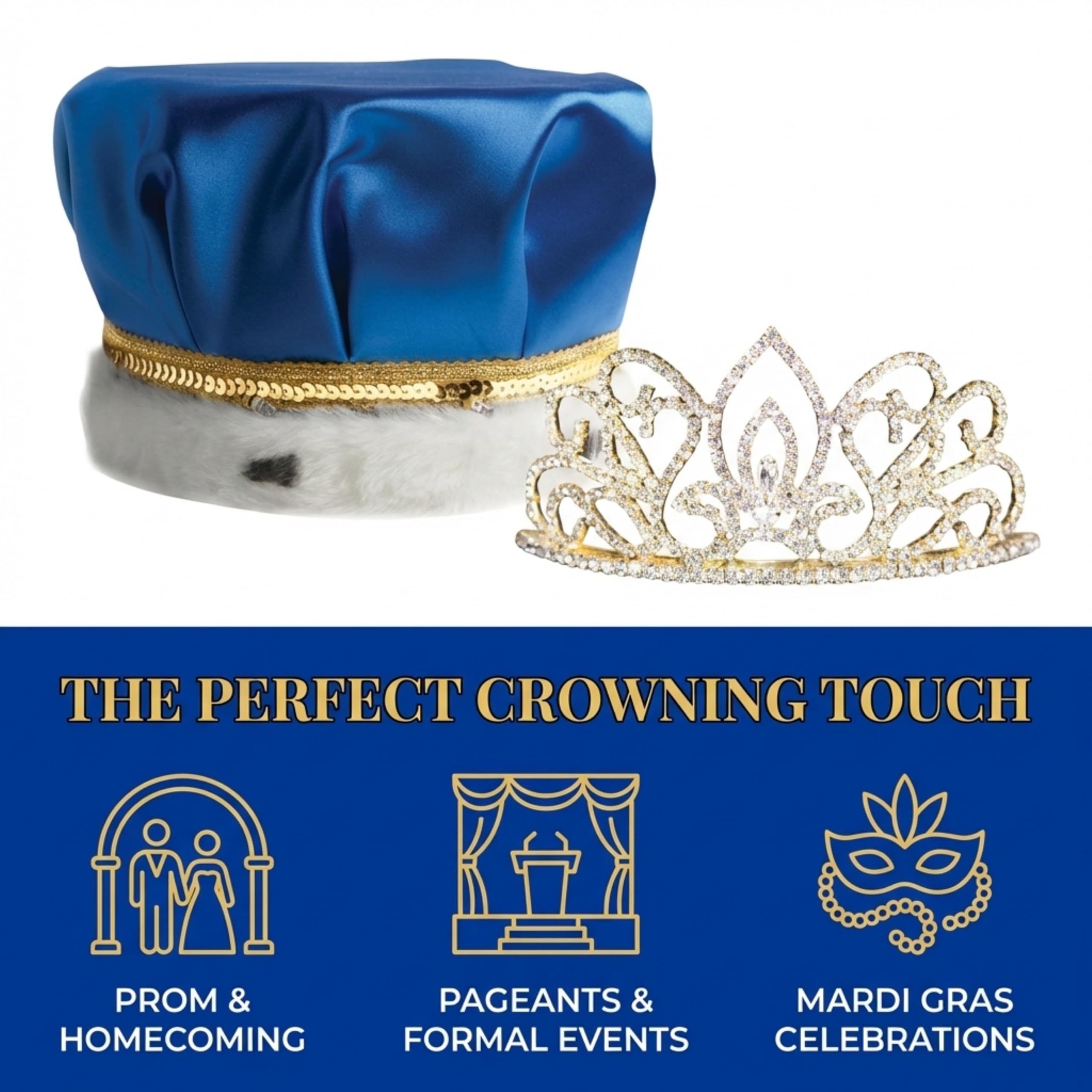 Anderson's Blue Satin King Crown and Gold Queen Tiara Royalty Set - Image 6