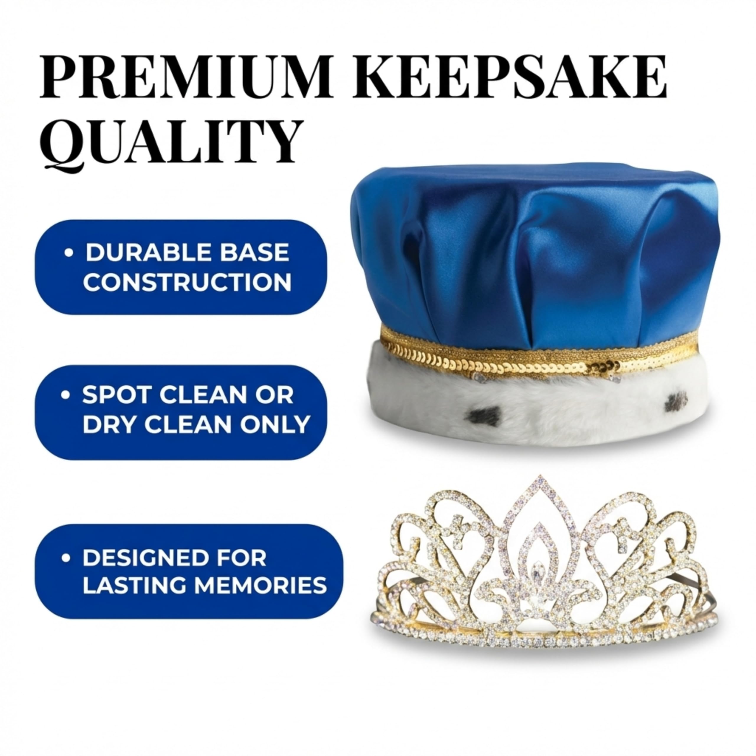 Anderson's Blue Satin King Crown and Gold Queen Tiara Royalty Set - Image 7