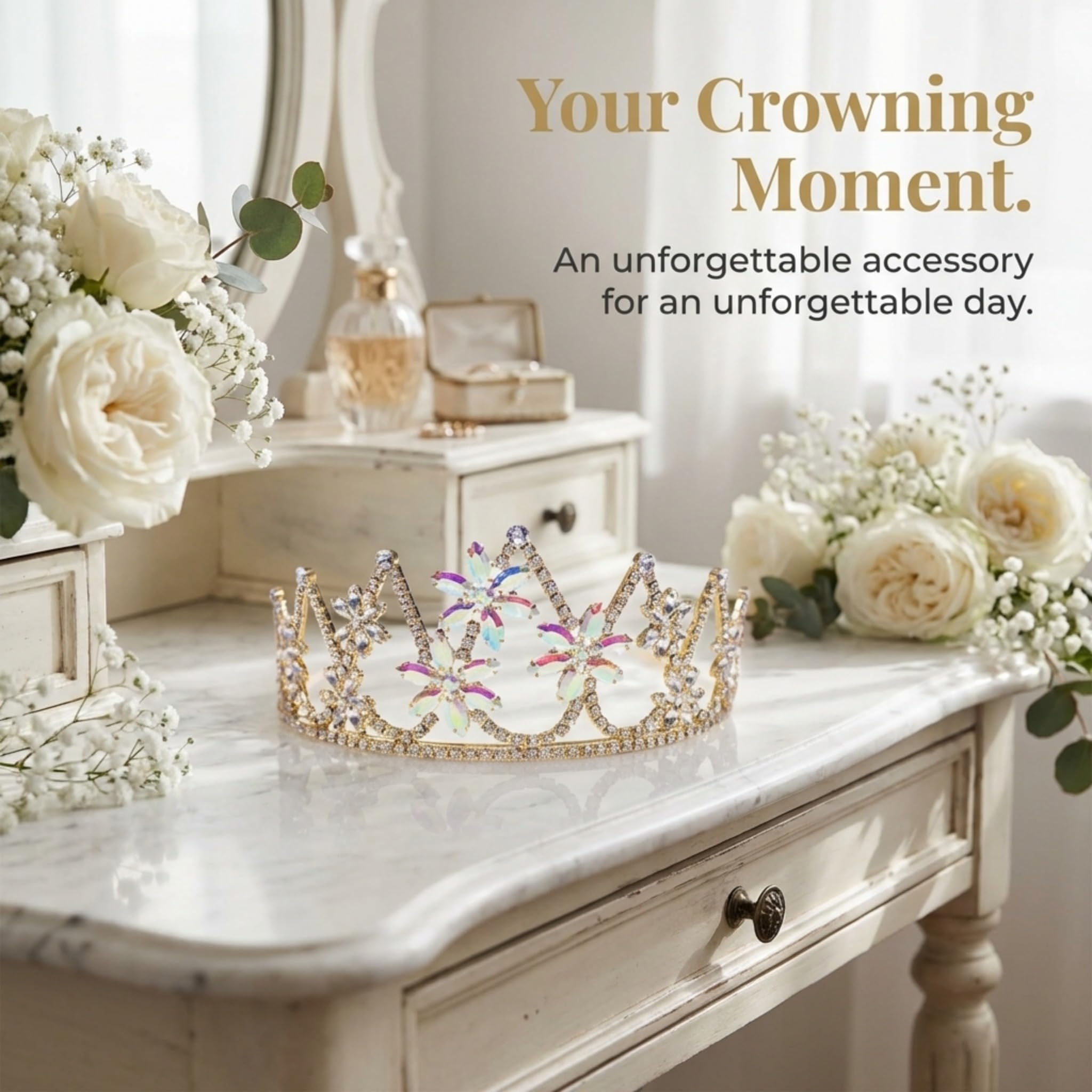 Anderson’s Charlotte Rhinestone Tiara , 3 Inch Gold Metal Crown with Clear and Iridescent Faux Diamonds for Prom, Homecoming Queen, Wedding, Bridal Party, Sweet 16, Quinceañera, Birthday, Pageant, Theater Costume Accessory - Image 5