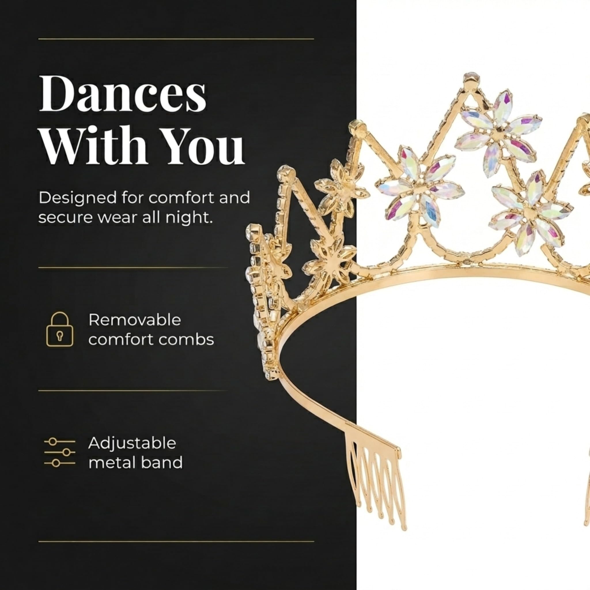 Anderson’s Charlotte Rhinestone Tiara , 3 Inch Gold Metal Crown with Clear and Iridescent Faux Diamonds for Prom, Homecoming Queen, Wedding, Bridal Party, Sweet 16, Quinceañera, Birthday, Pageant, Theater Costume Accessory - Image 7