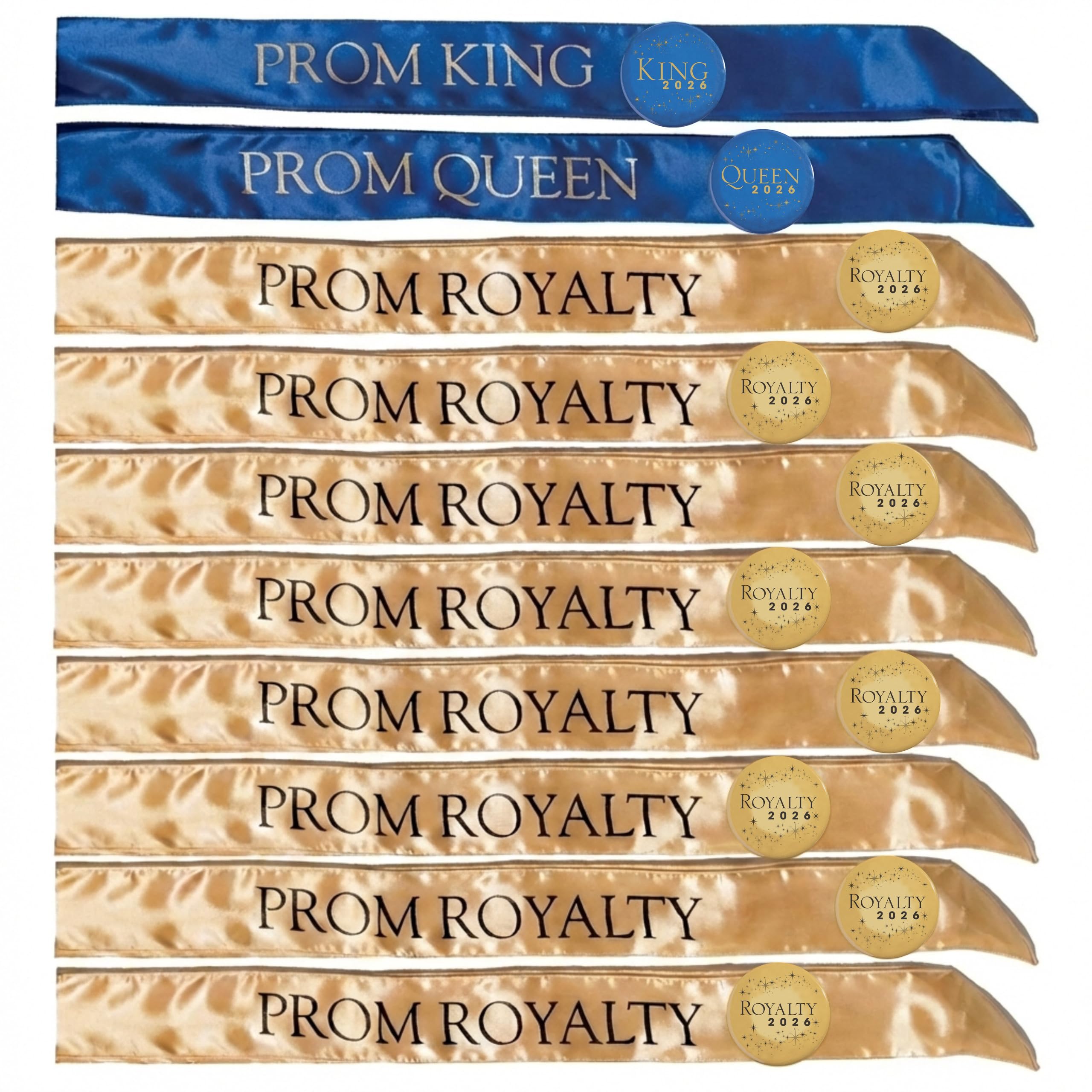 Anderson’s Complete Prom Royalty Sash & Button Set, Blue & Gold Satin Coronation Accessories for High School Prom King, Queen & Court, 20‑Piece Set