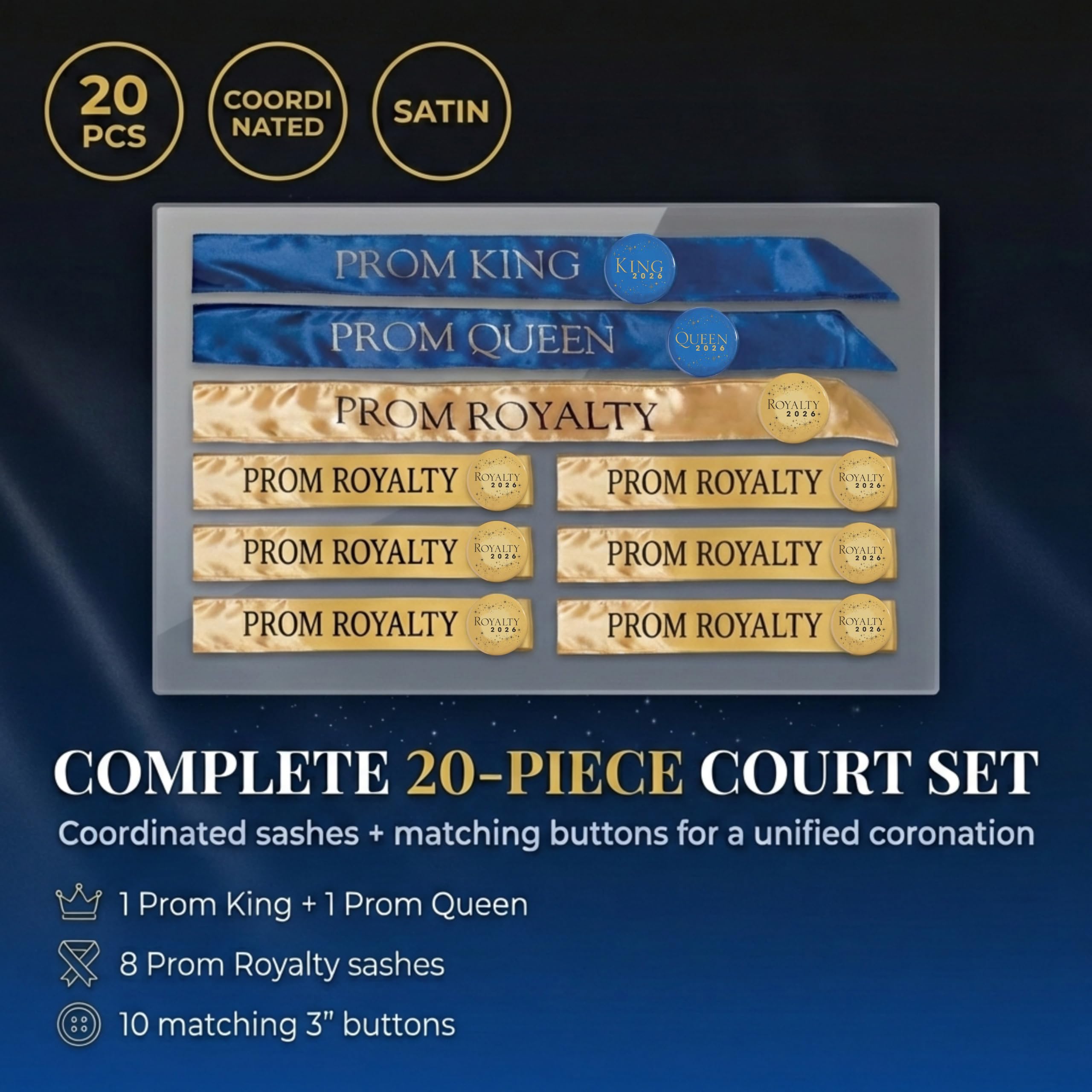 Anderson’s Complete Prom Royalty Sash & Button Set, Blue & Gold Satin Coronation Accessories for High School Prom King, Queen & Court, 20‑Piece Set - Image 2