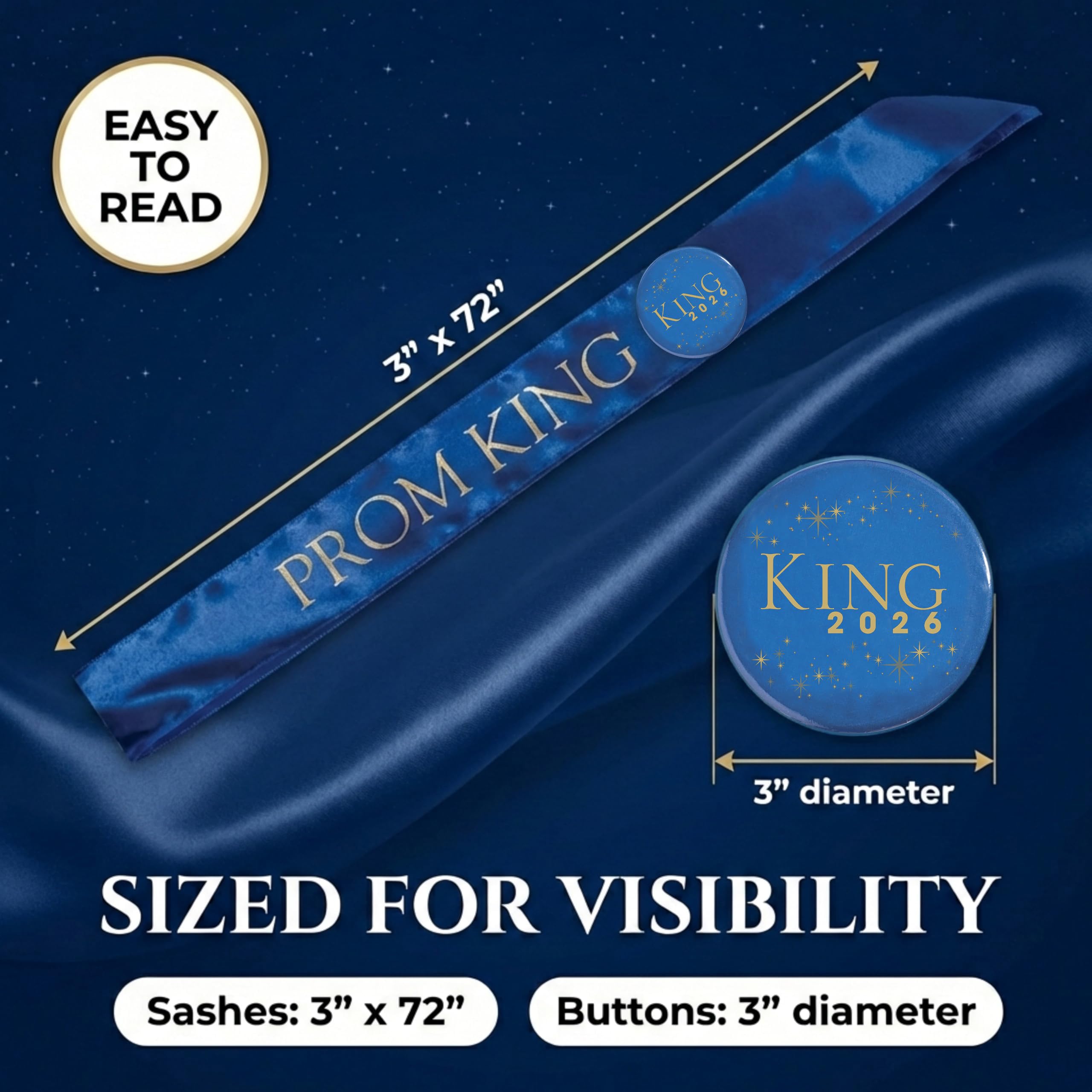 Anderson’s Complete Prom Royalty Sash & Button Set, Blue & Gold Satin Coronation Accessories for High School Prom King, Queen & Court, 20‑Piece Set - Image 3