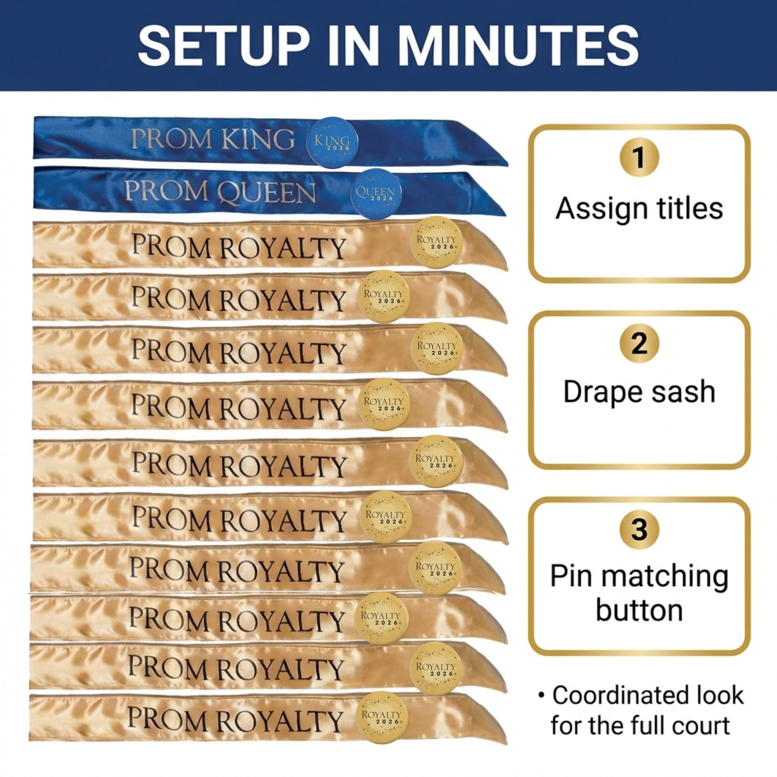 Anderson’s Complete Prom Royalty Sash & Button Set, Blue & Gold Satin Coronation Accessories for High School Prom King, Queen & Court, 20‑Piece Set - Image 5