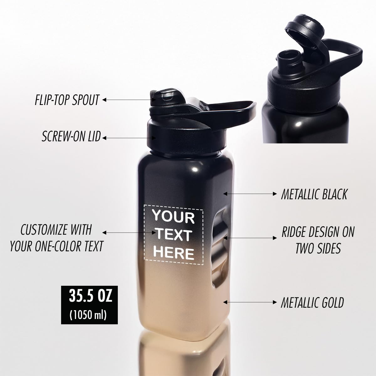 Anderson's Custom Black and Gold Ombre Plastic Water Bottle, 35 1/2 oz, Metallic Finish, Flip-Top Spout, Personalized, Fundraisers, Events, Gifts, Favors, 12 Count - Image 3