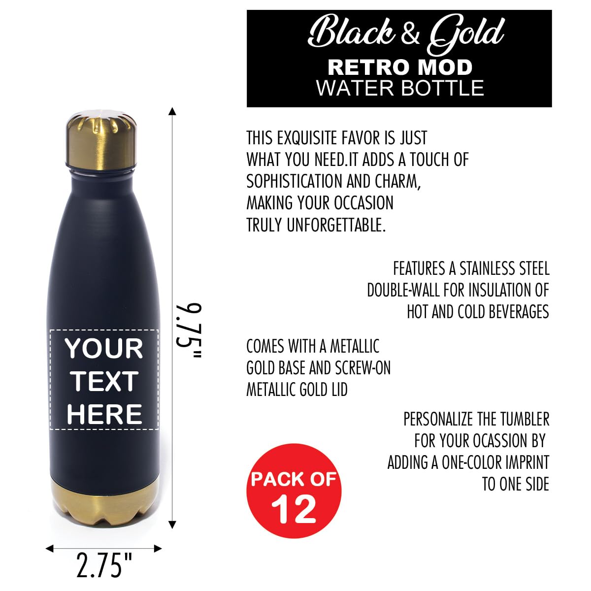 Anderson's Custom Black and Gold Retro Mod Water Bottle, 16 oz, Double-Wall Insulated, Stainless Steel, Personalized, Fundraisers, Events, Gifts, Awards, Wedding Favors, 12 count - Image 2