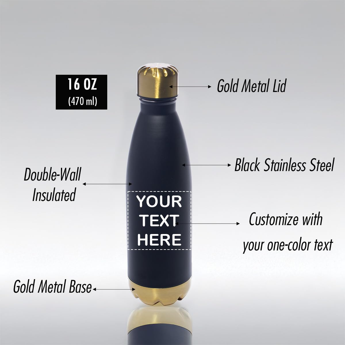 Anderson's Custom Black and Gold Retro Mod Water Bottle, 16 oz, Double-Wall Insulated, Stainless Steel, Personalized, Fundraisers, Events, Gifts, Awards, Wedding Favors, 12 count - Image 3