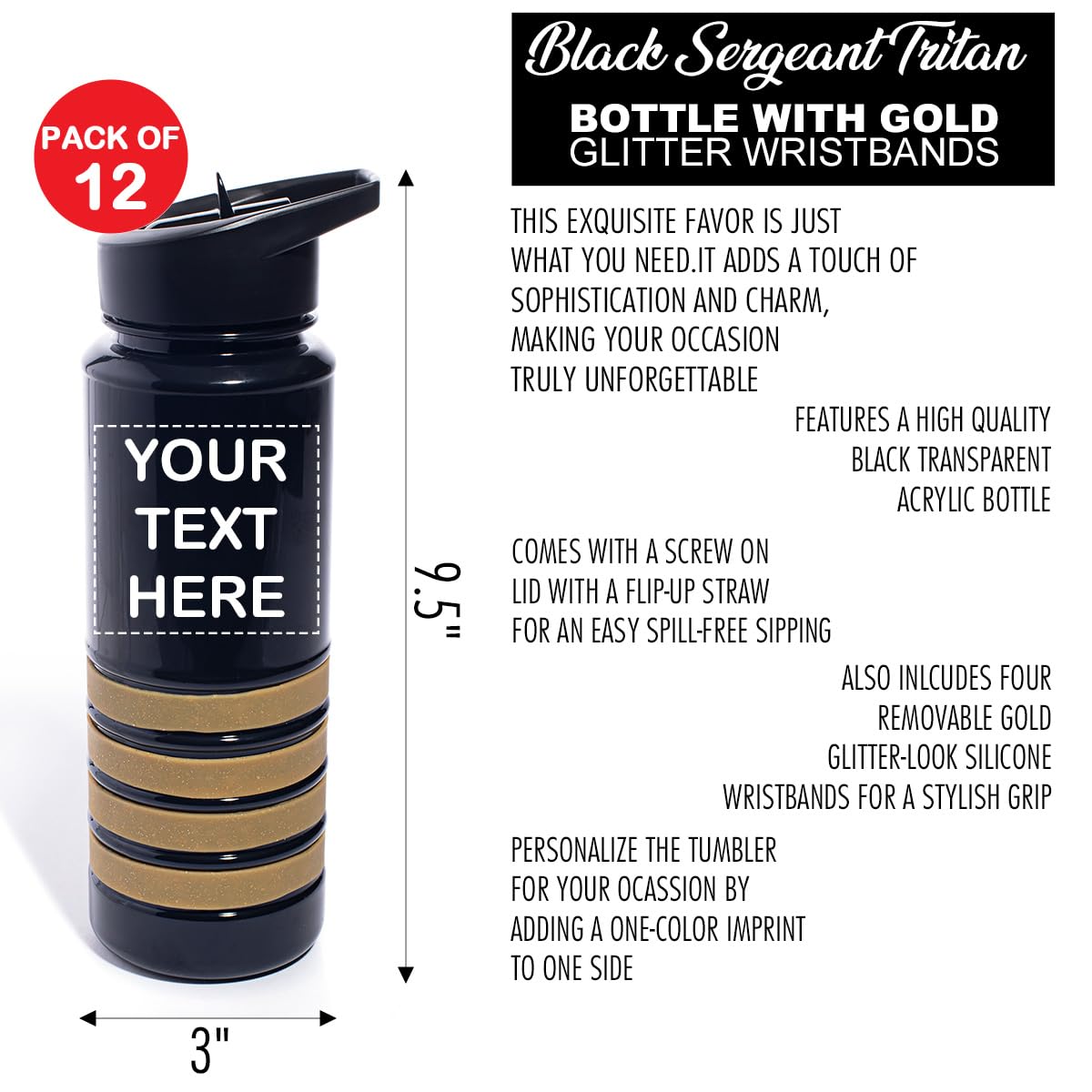 Anderson's Custom Black Tritan Water Bottle with Gold Glitter Wristbands, 25 oz, Transparent Acrylic, Flip-Up Straw, Removable Silicone Wristbands, Personalized, Gifts, Favors, Awards, 12 count - Image 3