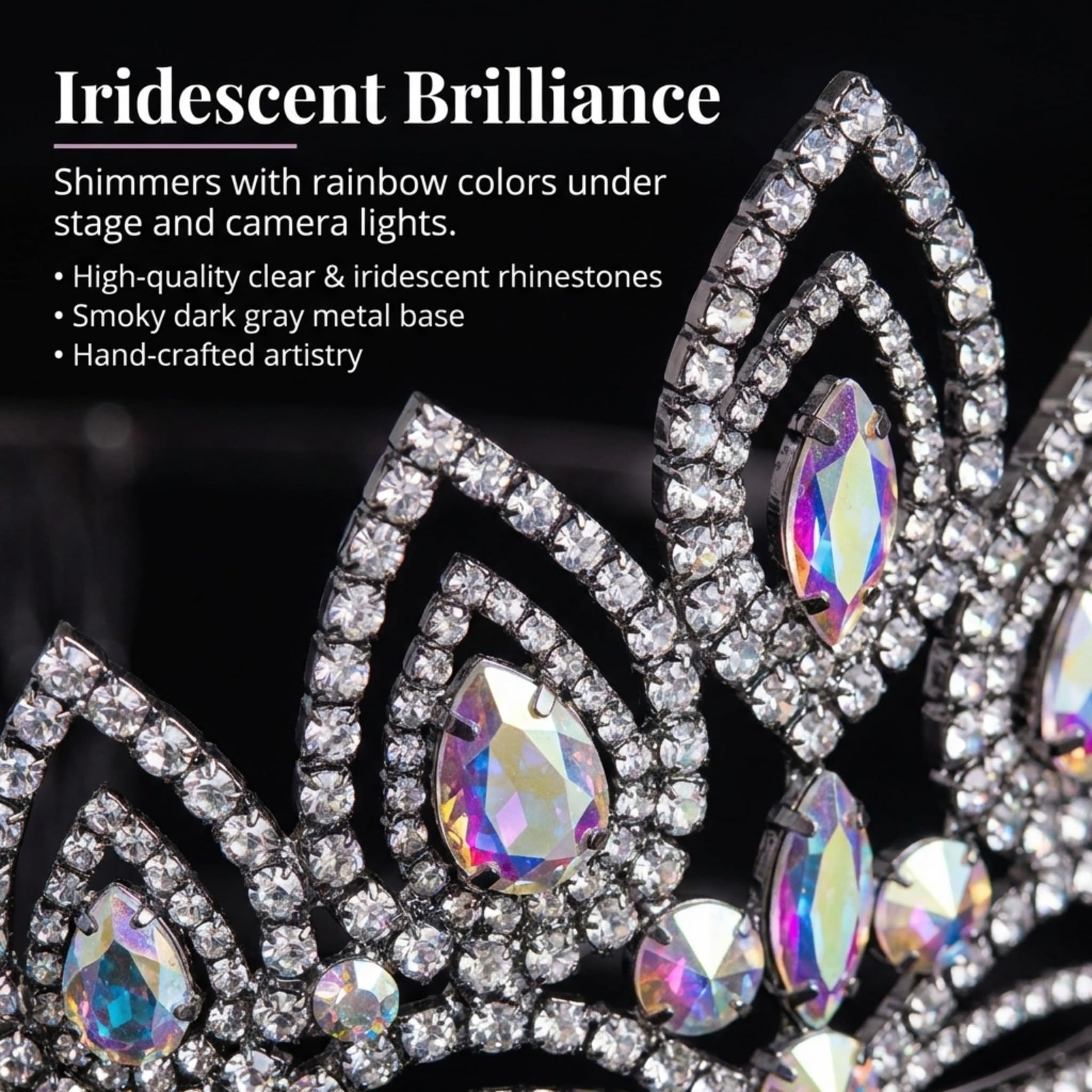Anderson’s Elizabeth Clear & Iridescent Rhinestone Tiara, 3 1/4" High Hand‑Crafted Smoky Dark Gray Metal Crown with Sparkling Gemstones, Adjustable Fit with Removable Combs, Elegant Accessory for Weddings, Prom Queen, Homecoming, Pageants, Quinceañeras, and Sweet 16 Celebrations - Image 4