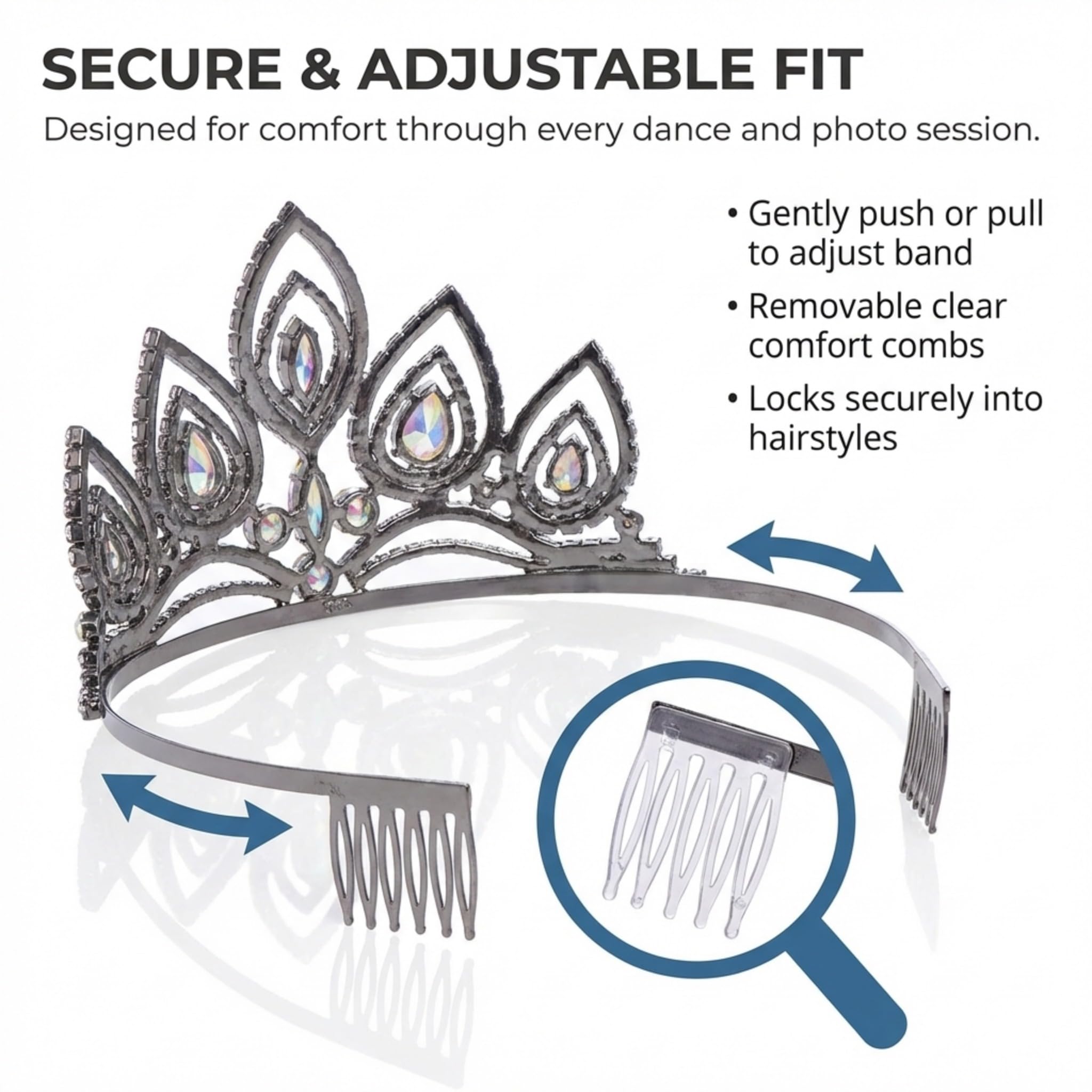 Anderson’s Elizabeth Clear & Iridescent Rhinestone Tiara, 3 1/4" High Hand‑Crafted Smoky Dark Gray Metal Crown with Sparkling Gemstones, Adjustable Fit with Removable Combs, Elegant Accessory for Weddings, Prom Queen, Homecoming, Pageants, Quinceañeras, and Sweet 16 Celebrations - Image 6
