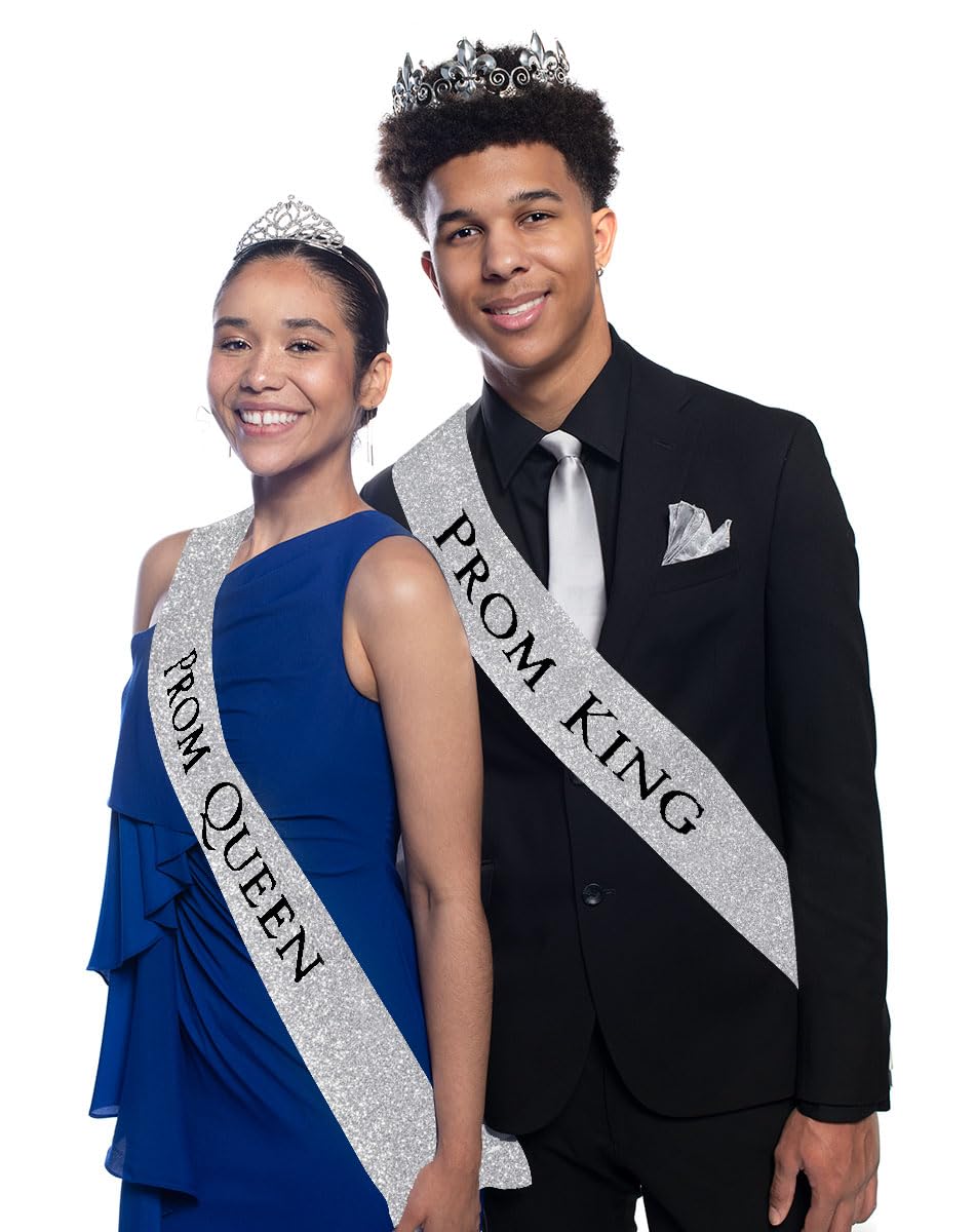 Anderson's Fleur-de-Lis Prom King Regal Crown, 2.5" Taylor Rhinestone Prom Queen Tiara & Silver Glitter Sashes with Black Lettering for High School Coronation & Formal Events, 4-Piece Set - Image 4