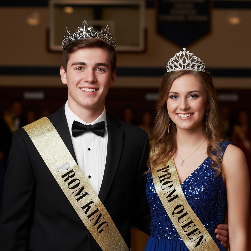 Anderson's Fleur‑de‑Lis Prom King Regal Crown, 2.5" Taylor Rhinestone Prom Queen Tiara & Gold Glitter Sashes with Black Lettering for High School Coronation & Formal Events, 4‑Piece Set - Image 3