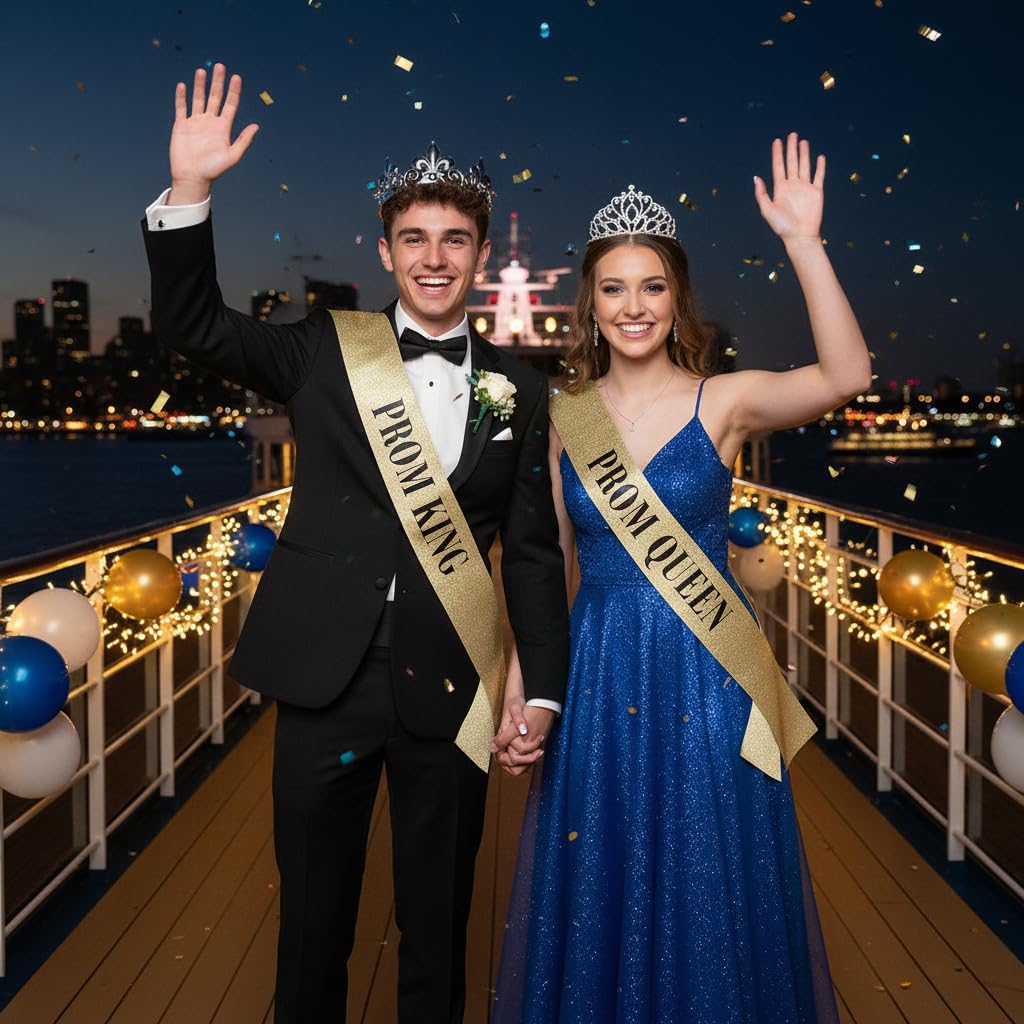 Anderson's Fleur‑de‑Lis Prom King Regal Crown, 2.5" Taylor Rhinestone Prom Queen Tiara & Gold Glitter Sashes with Black Lettering for High School Coronation & Formal Events, 4‑Piece Set - Image 4