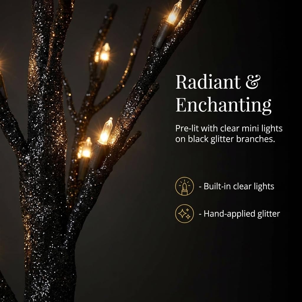 Anderson's Freestanding Black Glitter Tree with Clear Mini Lights, Wedding Event Decoration - 4 Feet - Image 3