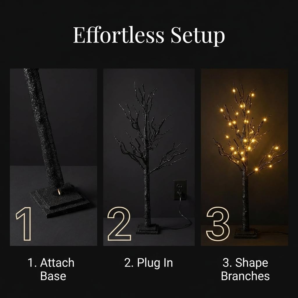 Anderson's Freestanding Black Glitter Tree with Clear Mini Lights, Wedding Event Decoration - 4 Feet - Image 4