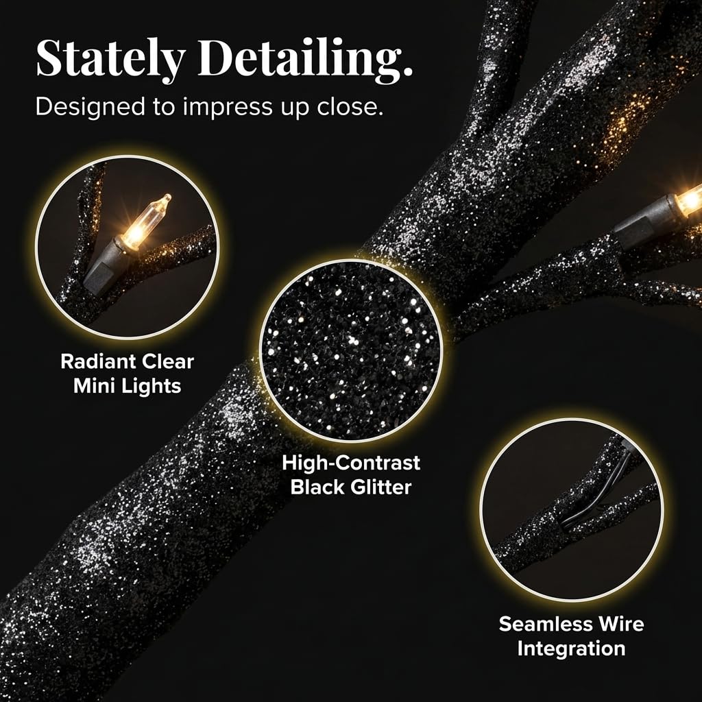 Anderson's Freestanding Black Glitter Tree with Clear Mini Lights, Wedding Event Decoration - 4 Feet - Image 8
