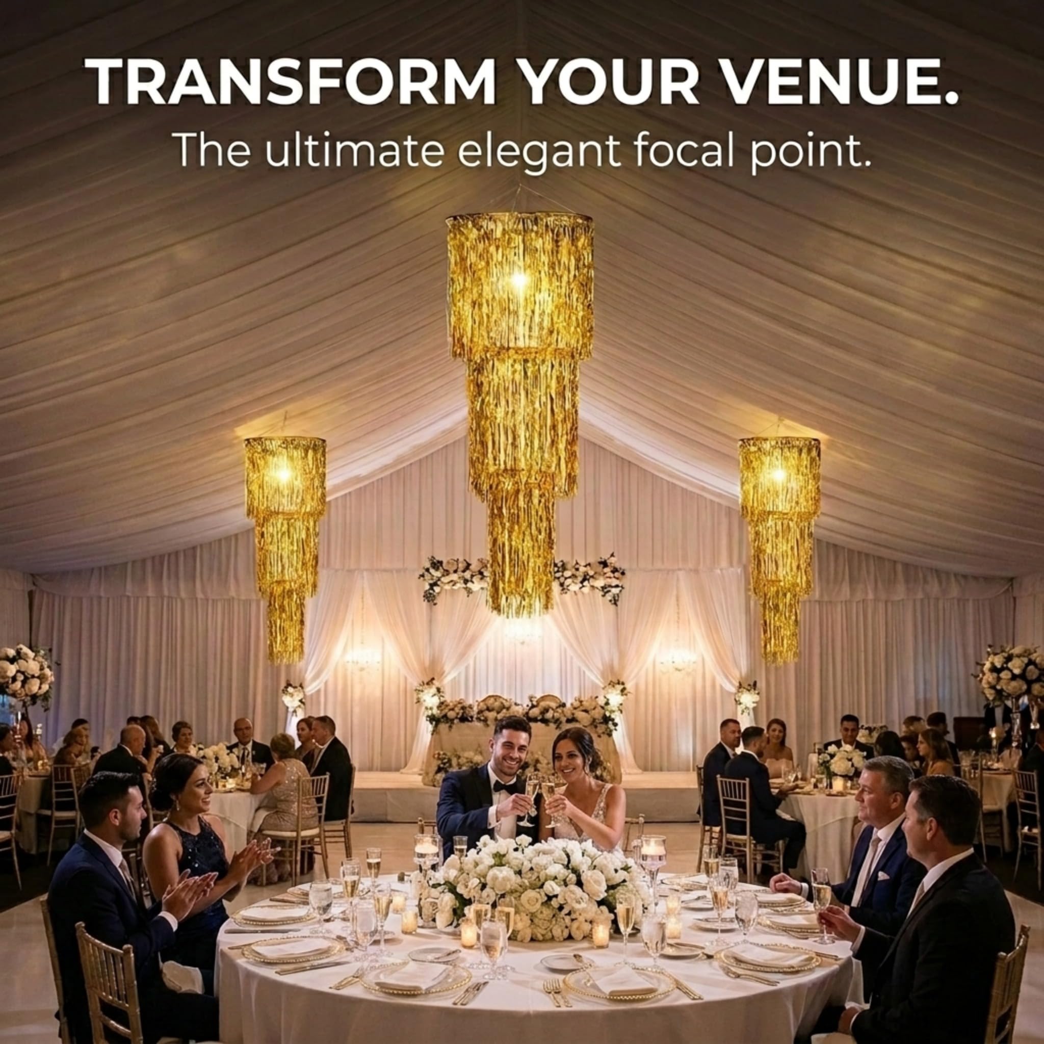 Anderson's Gold 3-Tier Fringe Chandelier Wedding Decoration, 16 Inches x 48 Inches - Image 6